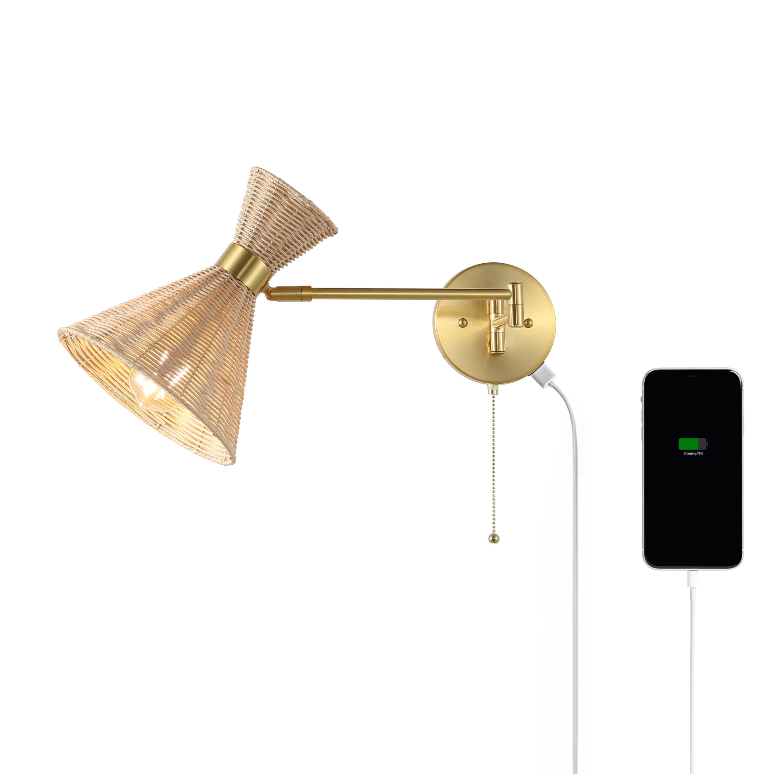 JONATHAN Y 25 Brass Gold 1-Light Mid-Century Swing Arm LED Sconce with USB Port, Pull Chain Vintage Wall Lamp for Bedroom Living