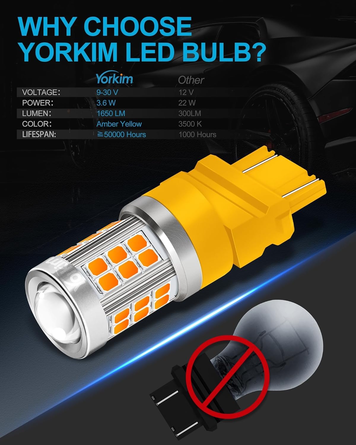 Yorkim 3157 LED Bulb, Amber Yellow, Turn Signal & Side Marker Lights, Pack of 4