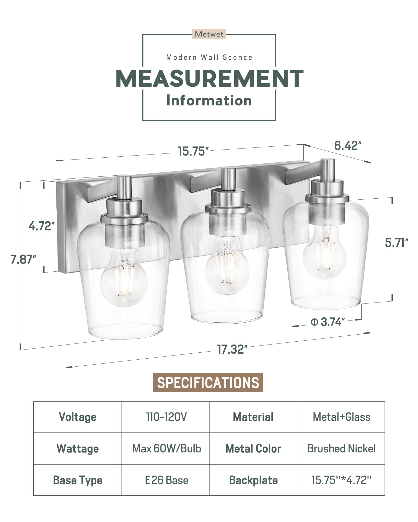 METWET 3-Light Bathroom Vanity Light Fixture, Brushed Nickel, Clear Glass Wine Glass Shade, Model VL155-BN-3