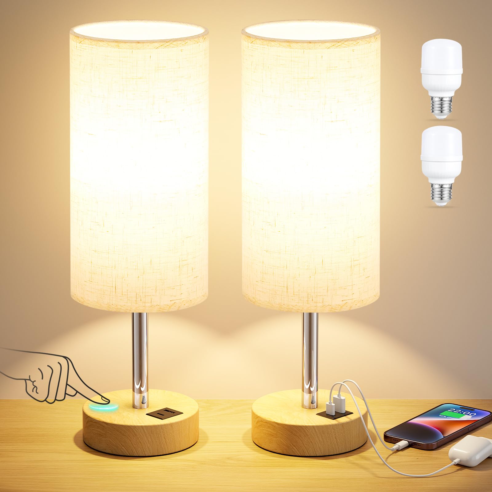 Touch Bedside Lamps Set Of 2-3 Way Dimmable Table Lamps For Bedroom, Nightstand Lamp With Wooden Charging Station For Kids Room 