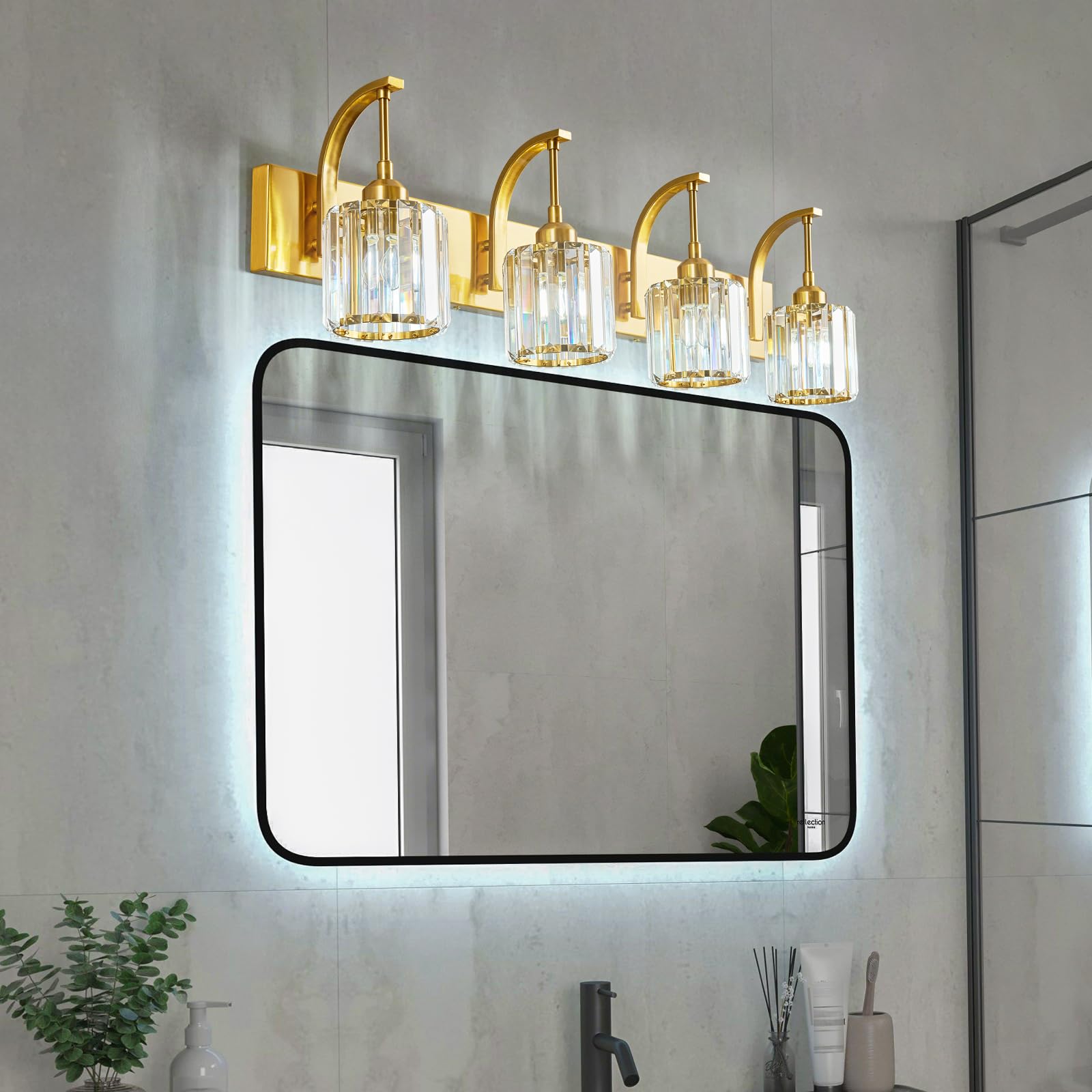Fdpby 4-Light Crystal Vanity Light  Modern Gold Bathroom Wall Sconce With K9 Crystal Shades  32.67 Long Over Mirror Lighting For Vanity  Makeup  Hallway  Elegant & Easy Install