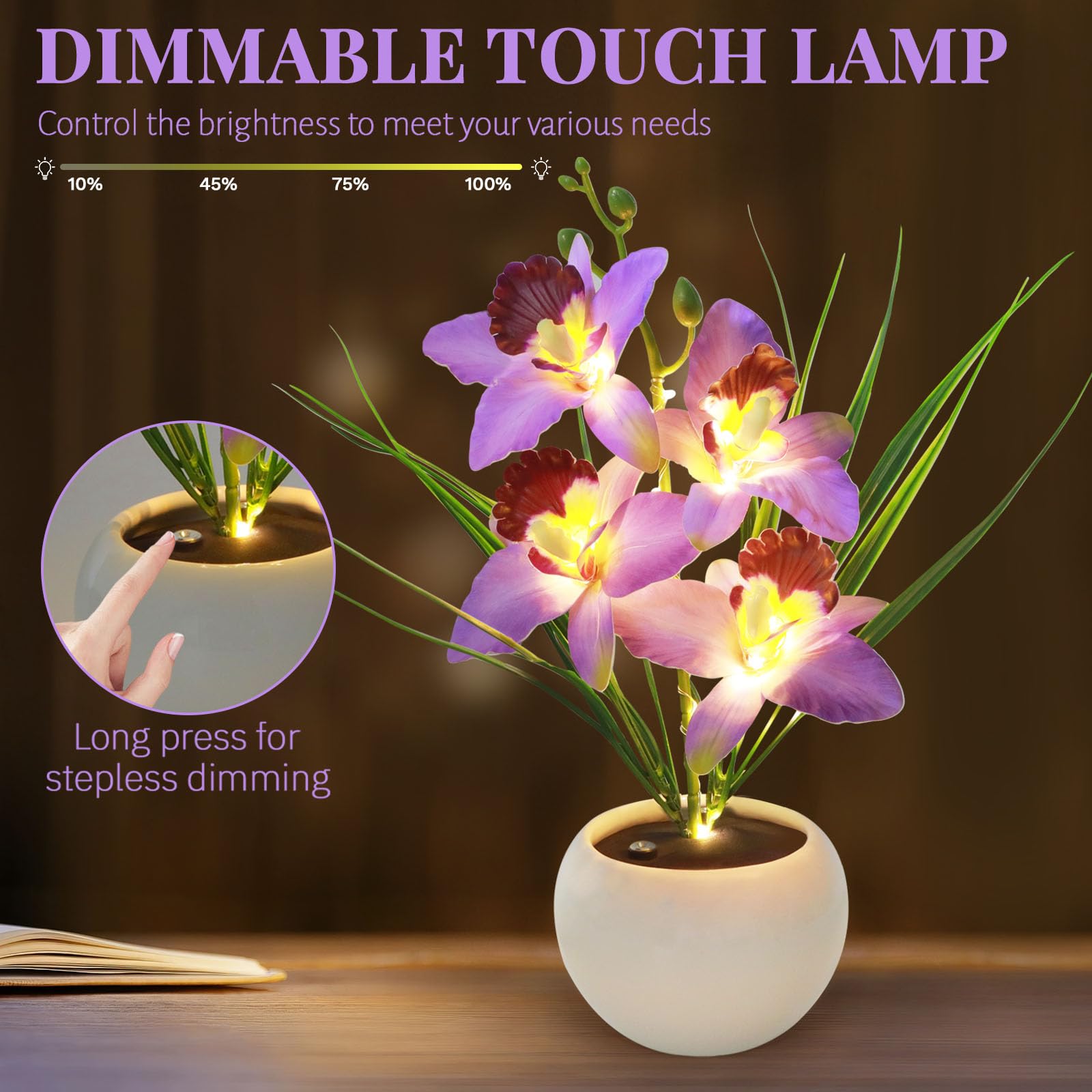 Strackvial Artificial Flower Night Light, Touch Stepless Dimming Usb Rechargeable Orchid Flower With Vase Lamp, Led Table Lamp D