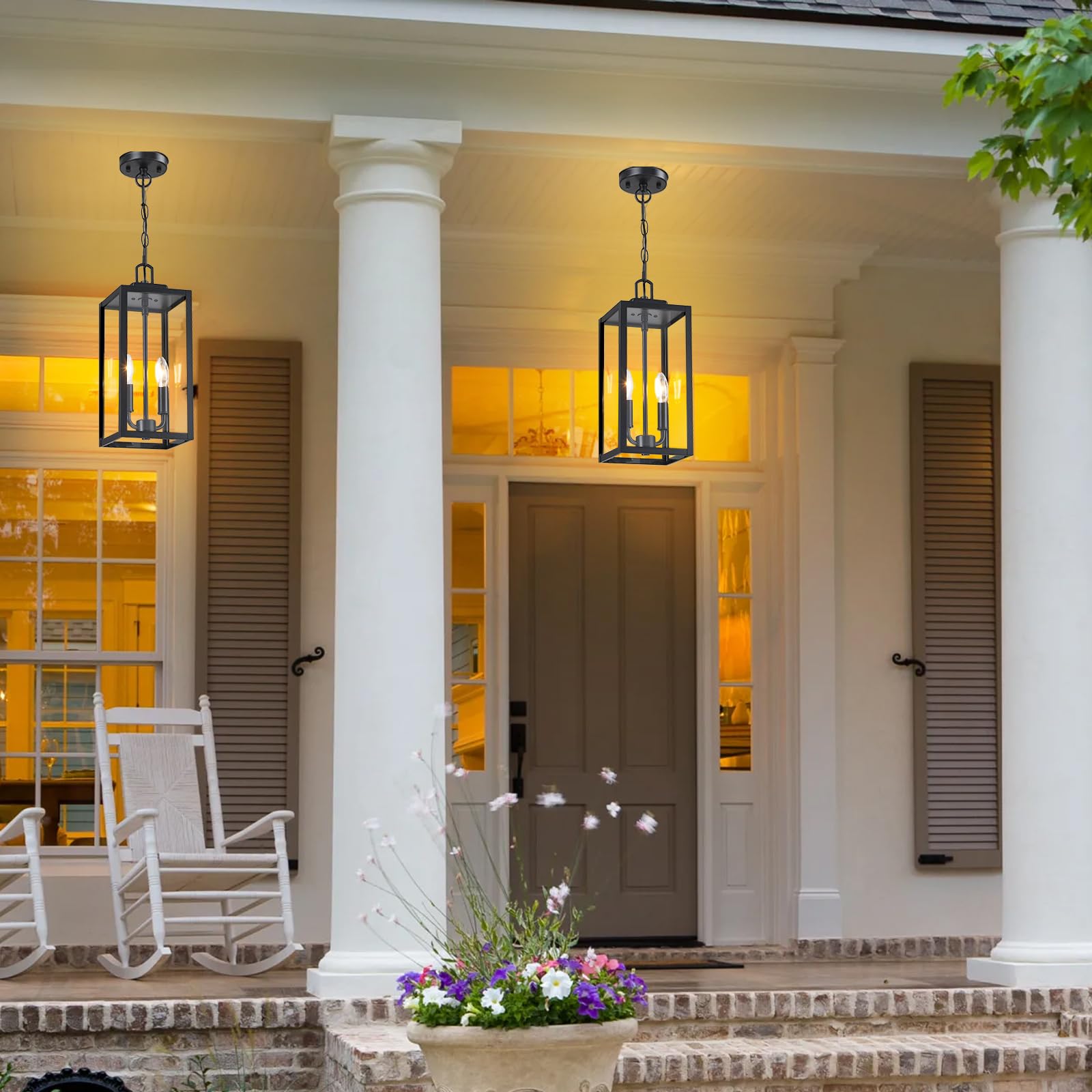 15'' Large Outdoor Pendant Light 2-Light, Modern Black Metal Outside Chandelier Exterior Hanging Fixture Ceiling Mount With Clea