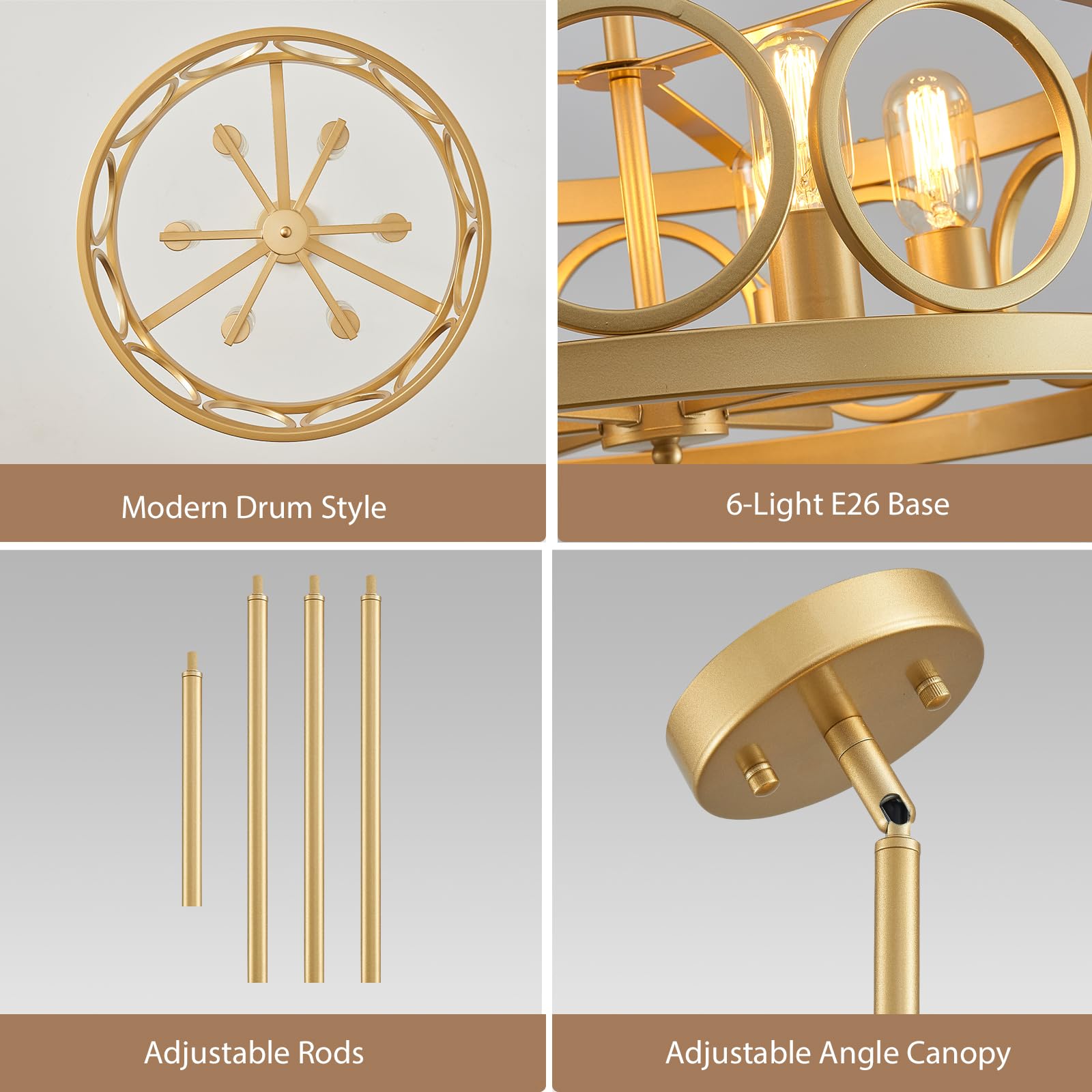 Peskoe Gold Dining Room Light Fixture Drum Chandeliers, 6-Light Modern Light Fixtures For Living Room Kitchen Entryway Bedroom F