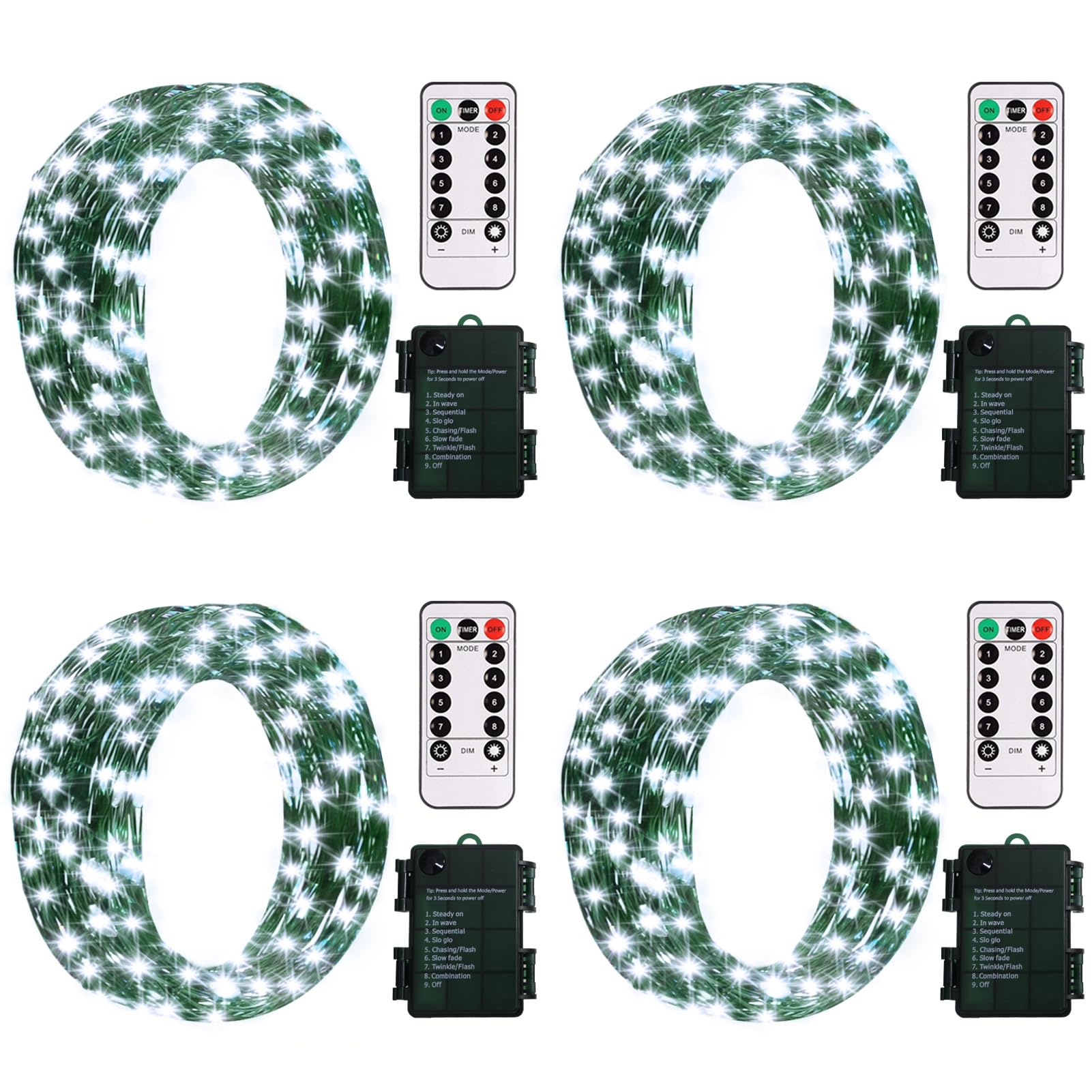 ZAIYW Battery Fairy Lights 4 Pack 16.5Ft 50LED Fairy String Lights with Remote Timer 8 Modes, Dark Green Copper Wire Waterproof 