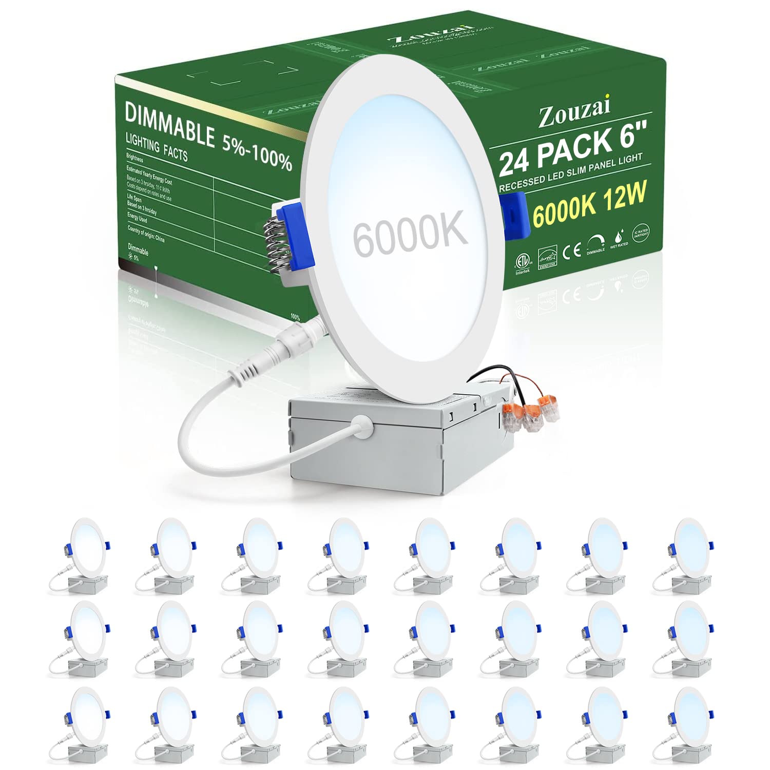 zouzai 24 Pack LED Recessed Ceiling Light 12W Dimmable 6 Inch 6000K Clear White ETL Certified Model LBT-3/12XDPL-35