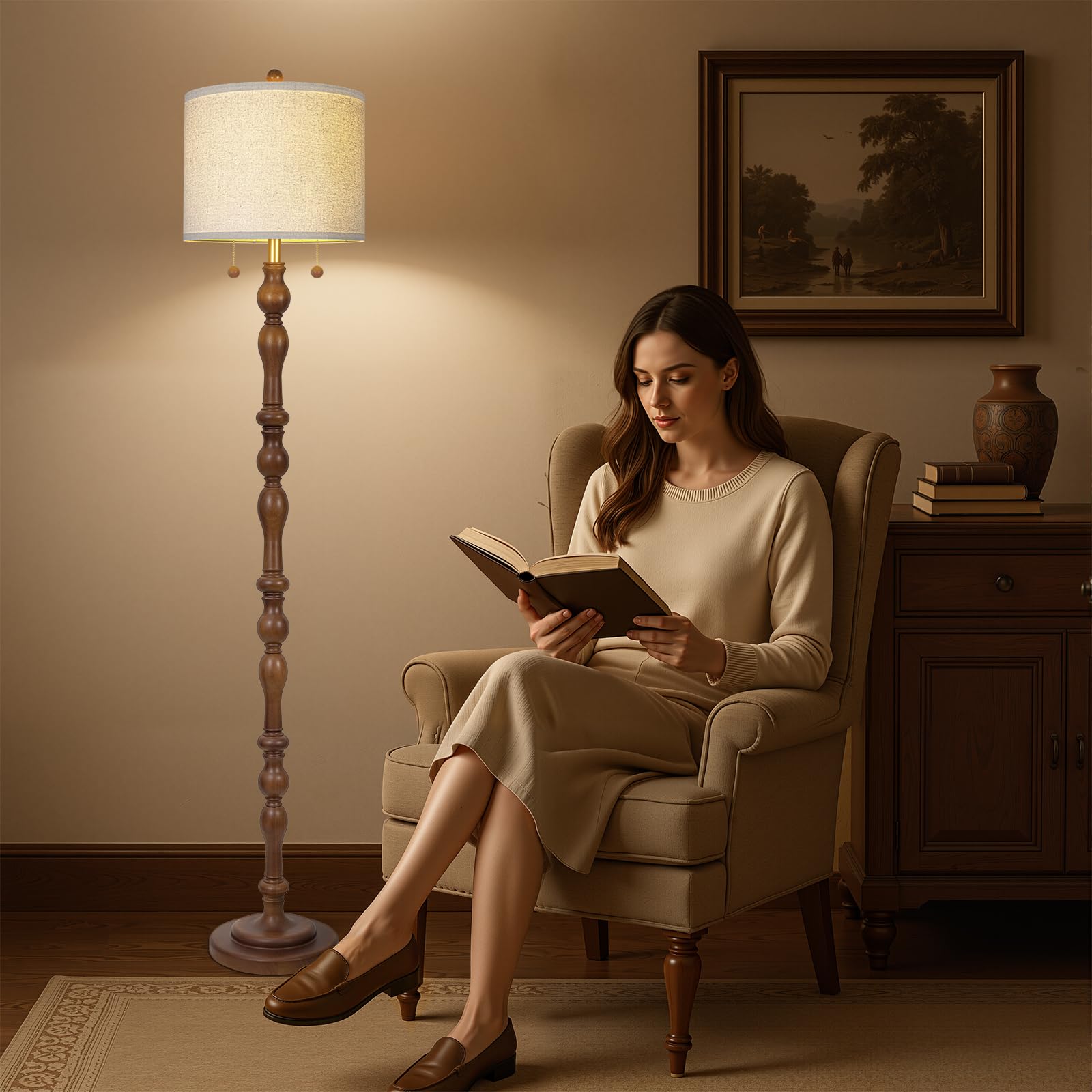 Scenekoy 65.5" Rustic Real Wood Floor Lamp with Linen Shade, Dark Brown, Model ZL012-BR, Perfect for Living Room, Bedroom, Office