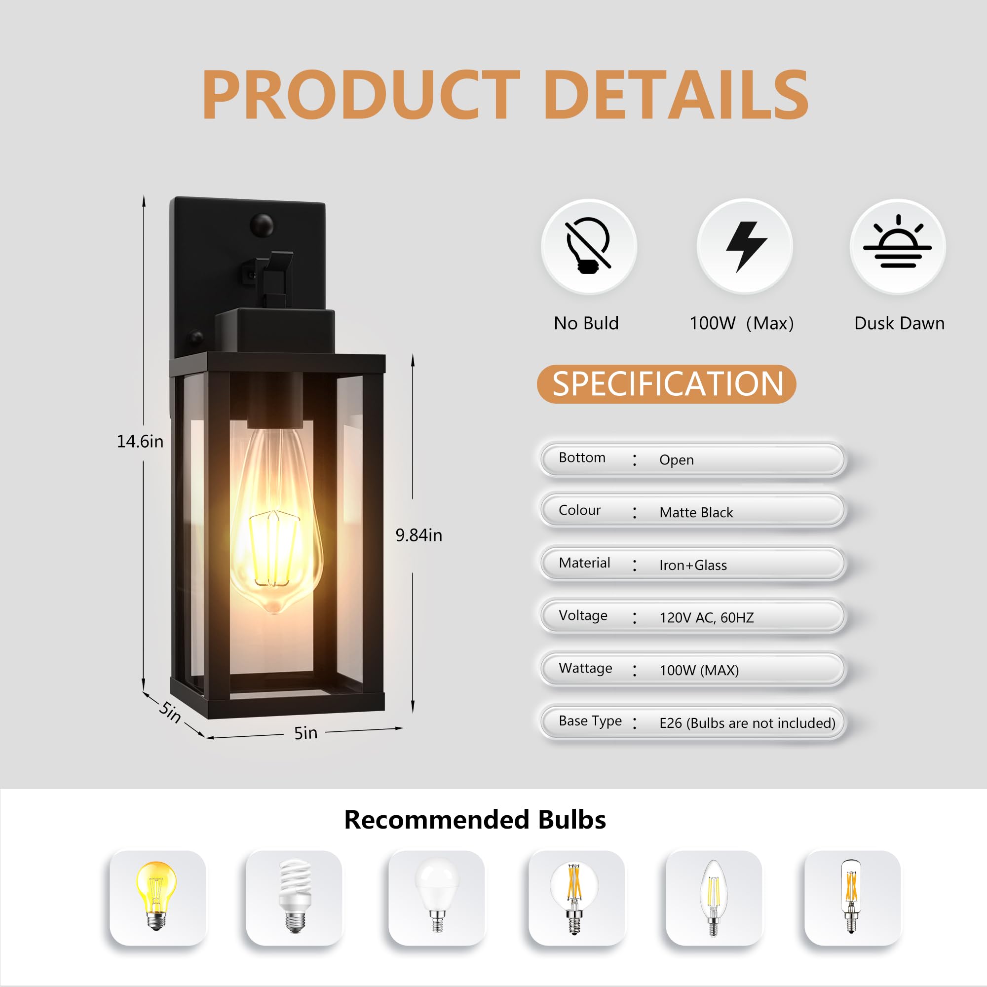 Kainozoic Motion Sensor Outdoor Wall Lantern, Waterproof, Black, Metal, Model 902, 1 Pack