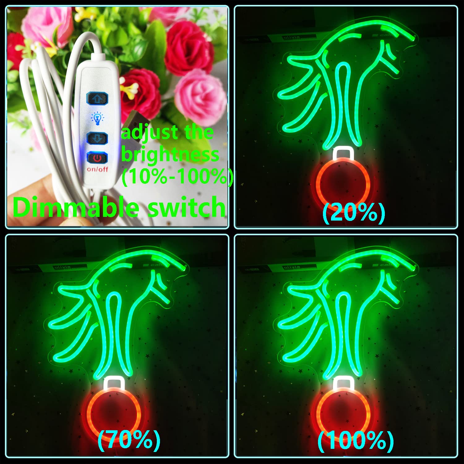 Gmmllg Dimmable Christmas Neon Sign - Green Led Light For Bedroom, Kids Room, Xmas Party Decor