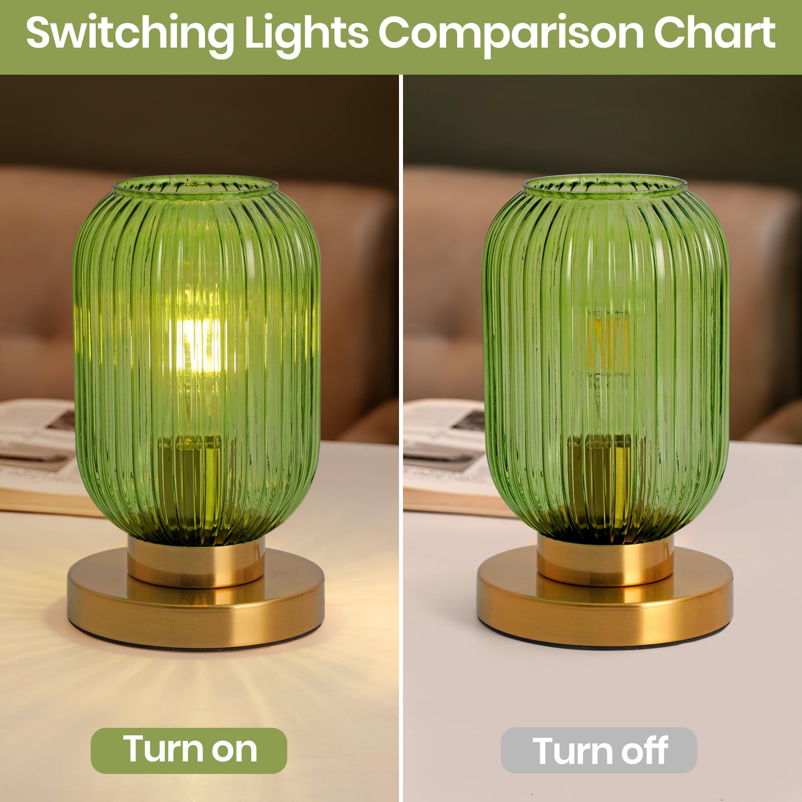 Green Table Lamp Dimmable Ribbed Glass Bedside Table Lamp Modern Globe Table Lamp Small Vintage Nightlight Lamp Mid Century Nigh