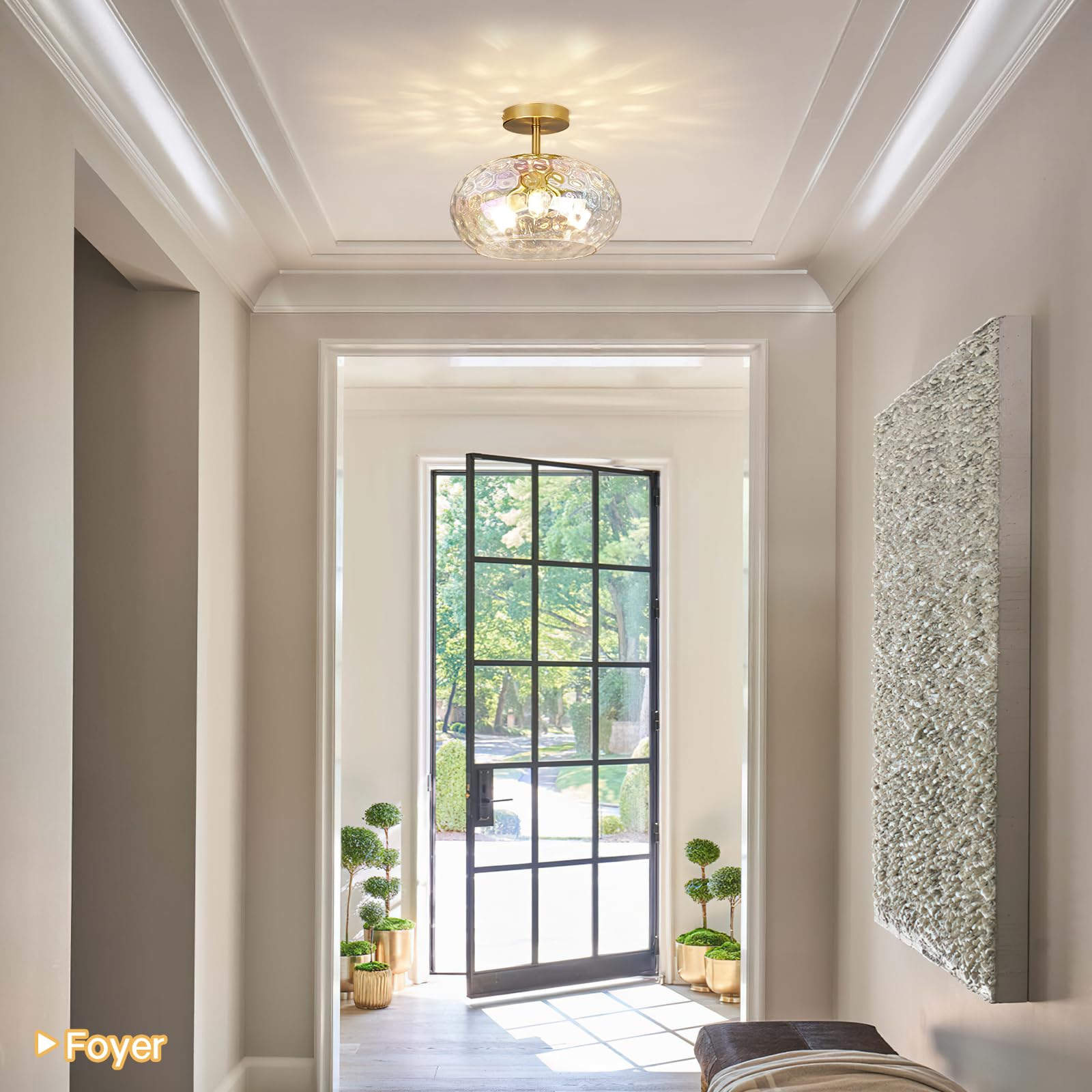 Clarsyne 12 Iridescent Rainbow Hammered Glass Ceiling Light  3-Light Semi Flush Mount Fixture  Modern Gold Lighting For Bedroom  Hallway  Kitchen  Dining Room  Living Room  Foyer