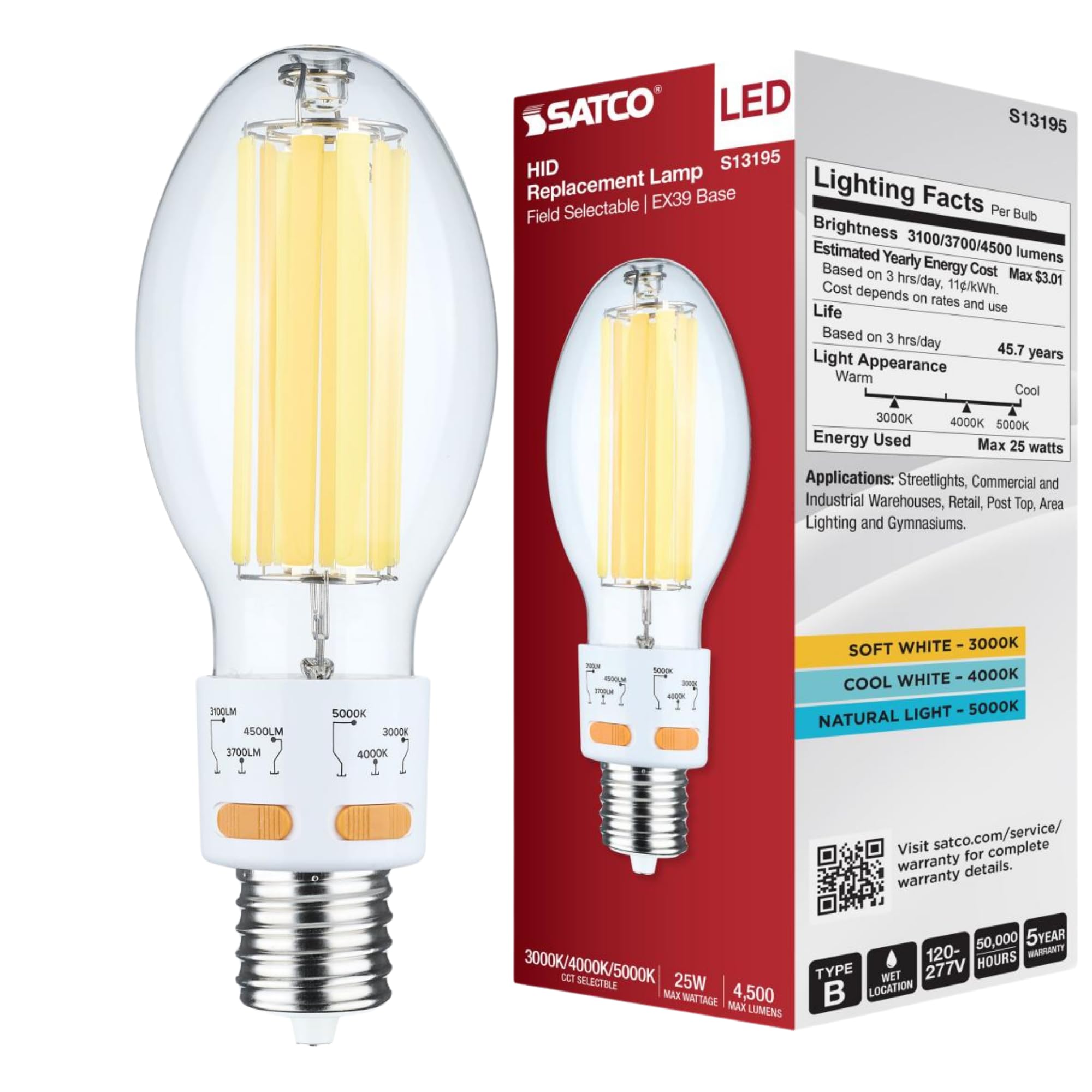 Satco S13195 25W LED HID Replacement Bulb, 3000K/4000K/5000K CCT Selectable, 4500 Lumens, EX39 Mogul Extended Base, Clear Finish