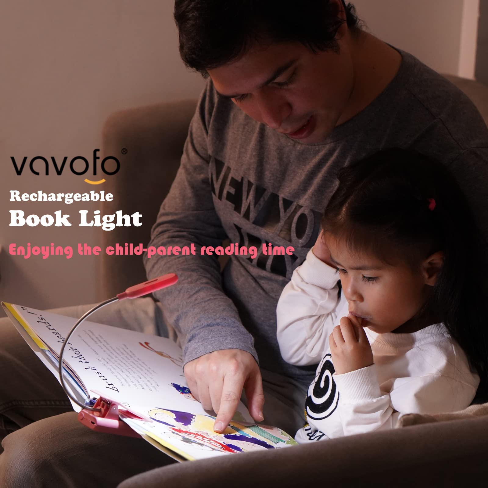 VAVOFO Rechargeable Book Light, 7 LED, 9-Level Warm Cool White, Eye Care Lamp, Model KM-6720, Pink