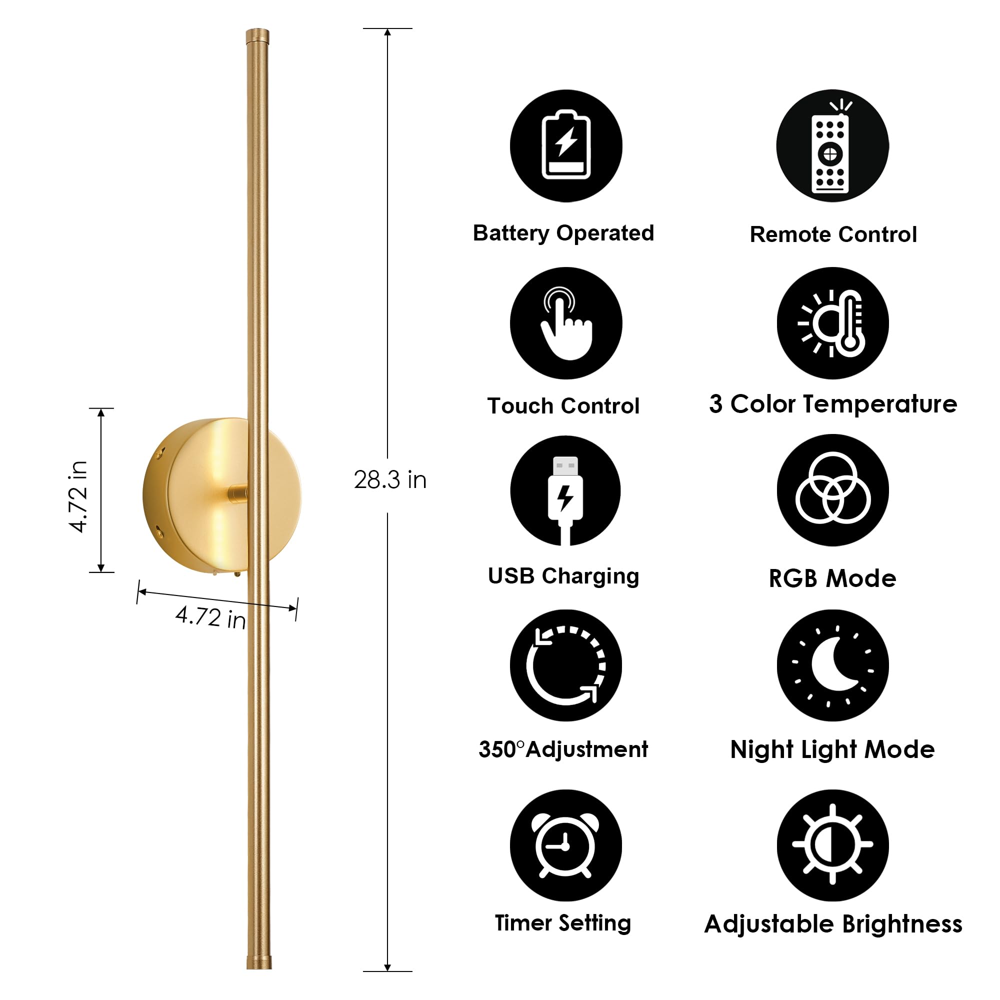 KARTOOSH Battery Operated Wall Sconces Set of Two, Dimmable LED, 28.3 Inch, Gold (RGB Colors), Model ZM317BGDR70