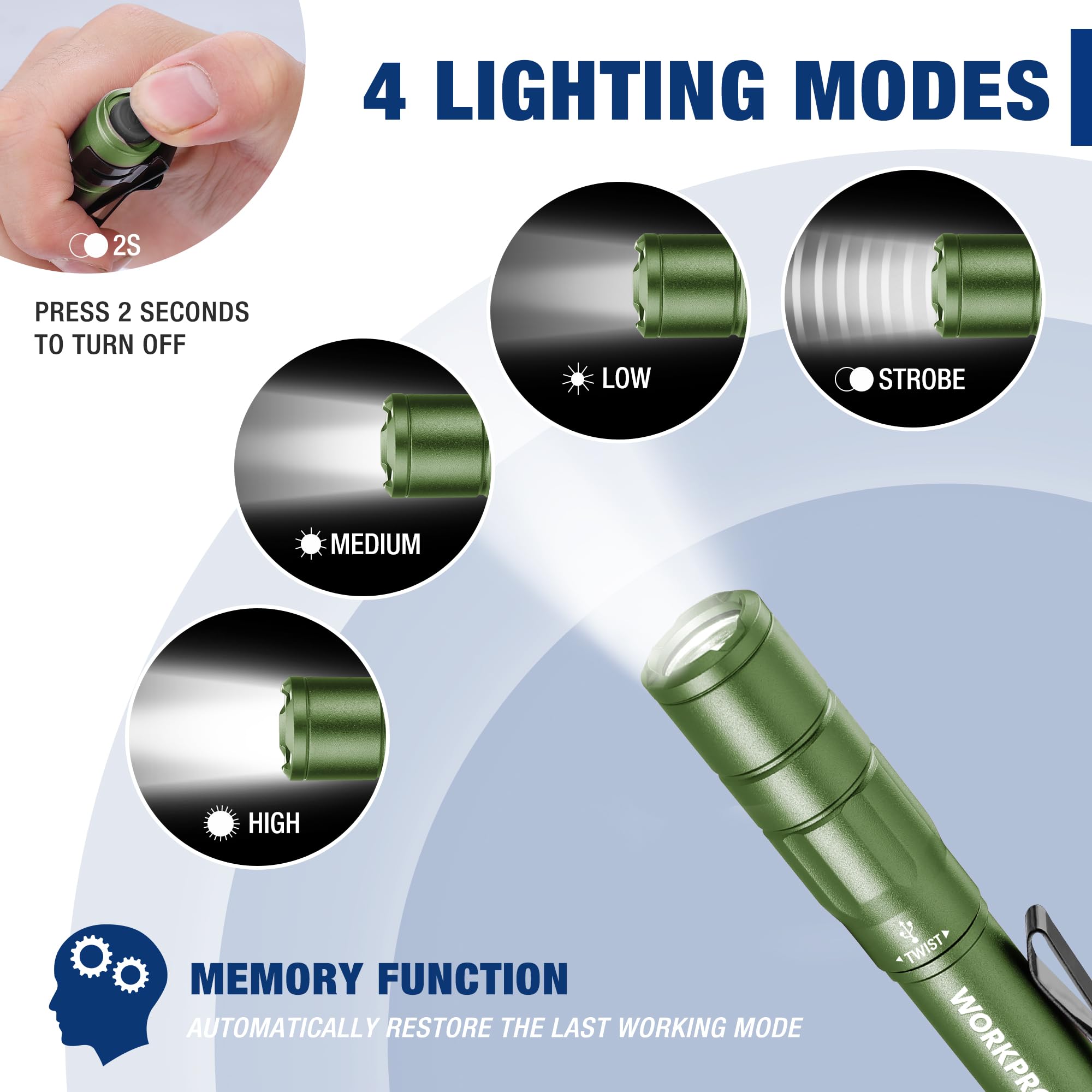 Workpro Rechargeable Pen Light, Mini Flashlight, 2 Pack Ultra-Compact Edc Flashlight, Pocket Flashlight With Clip, Memory Functi