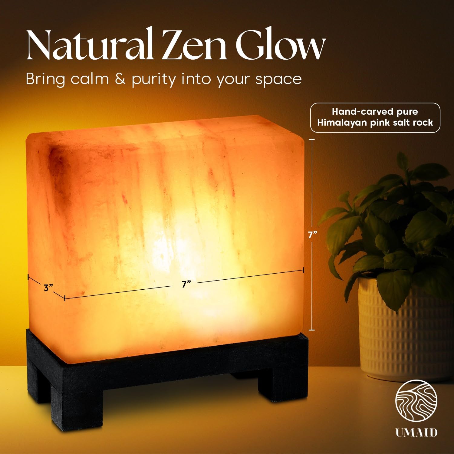 UMAID Himalayan Salt Lamp - Hand-Carved Pink Crystal, Wood Base, UL-Listed Dimmer Cord, Model UMD-SLMPS