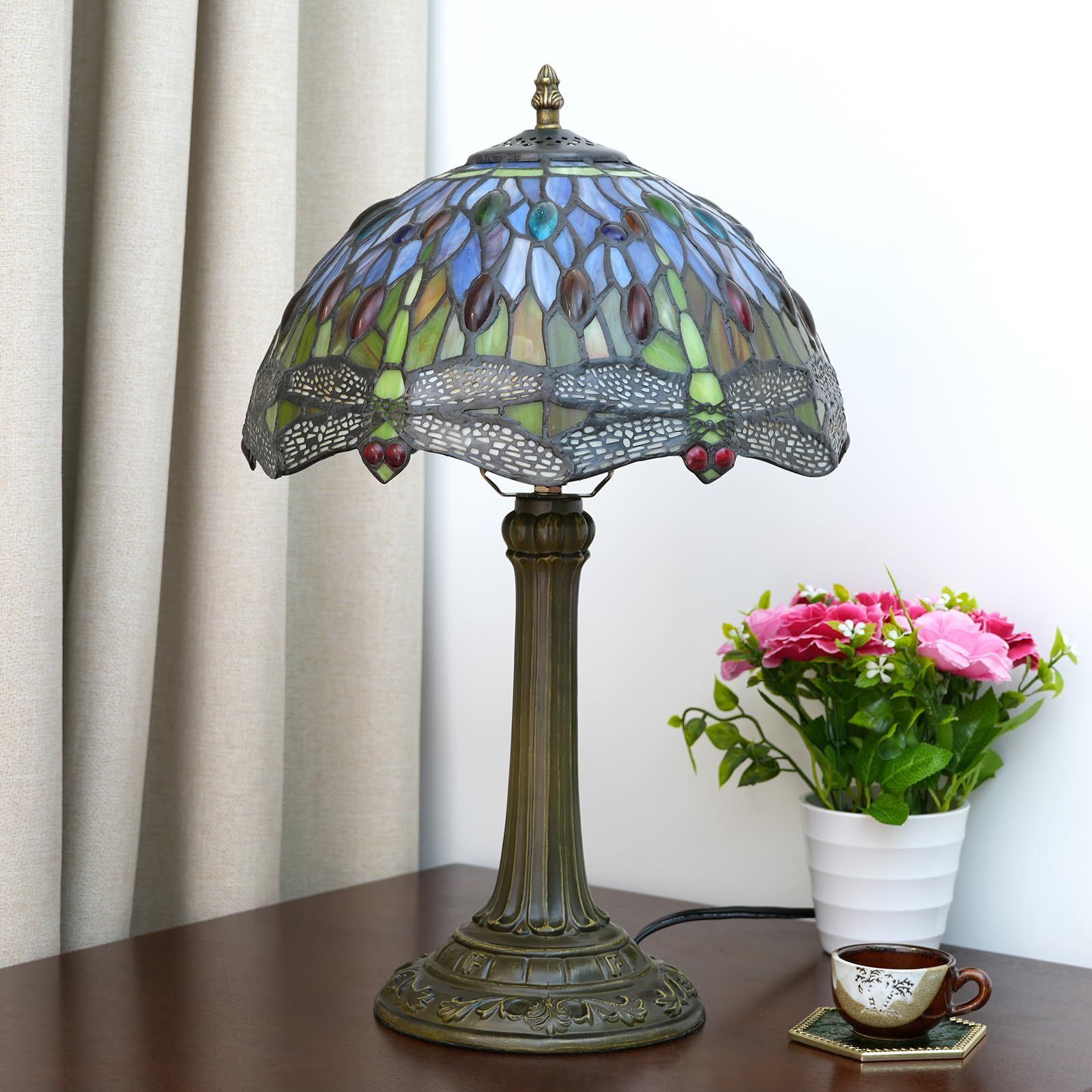Blivuself Tiffany Table Lamp Yellow Dragonfly Style Stained Glass Lamp Bedside Reading Desk Light 12X12X19 Inches Bedroom Living