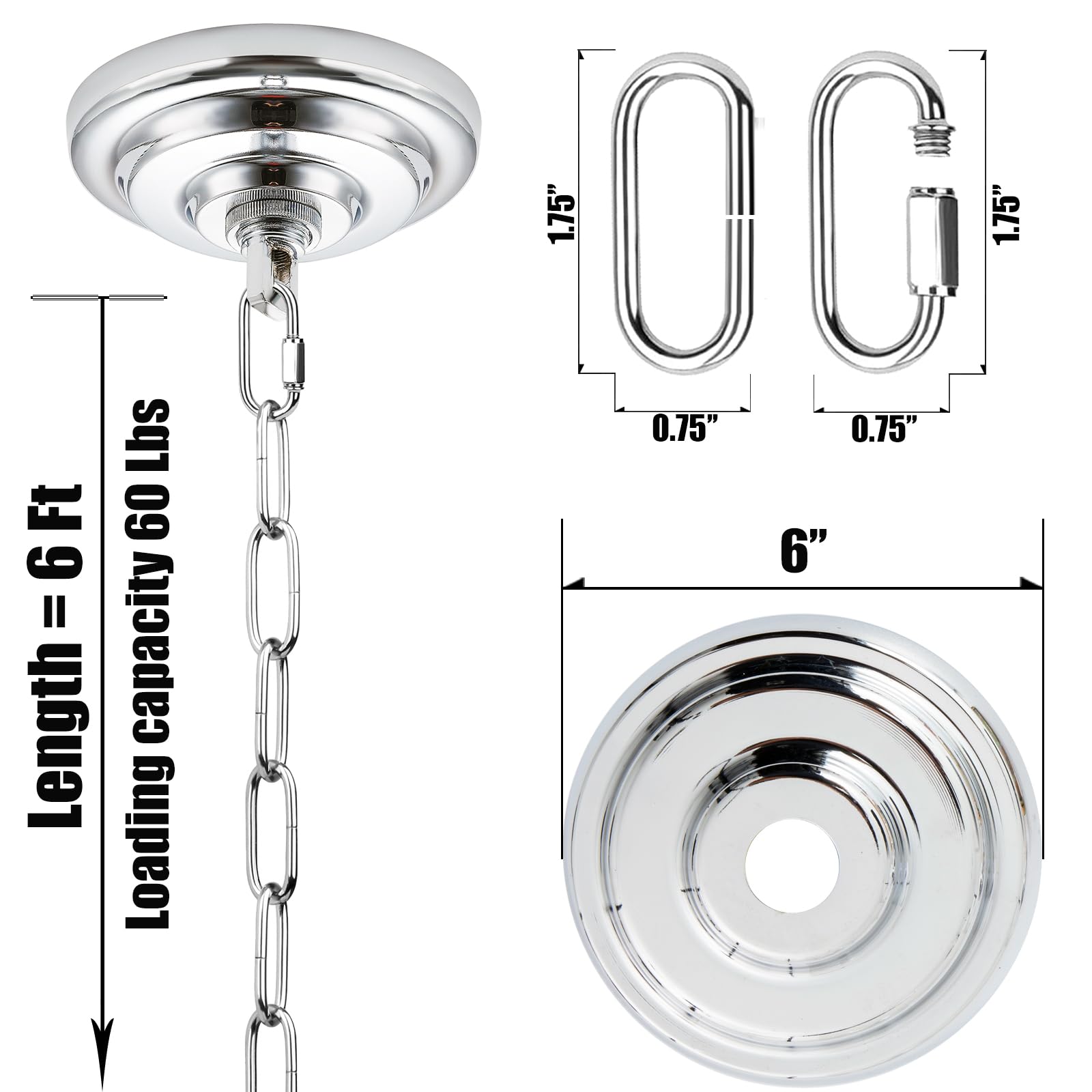 MAYOMAJO Light Canopy Kit, 6 Inch Canopy + 6 Ft Chain, Heavy Duty, Alloy Steel, Chrome, Model X-CR-6-HC