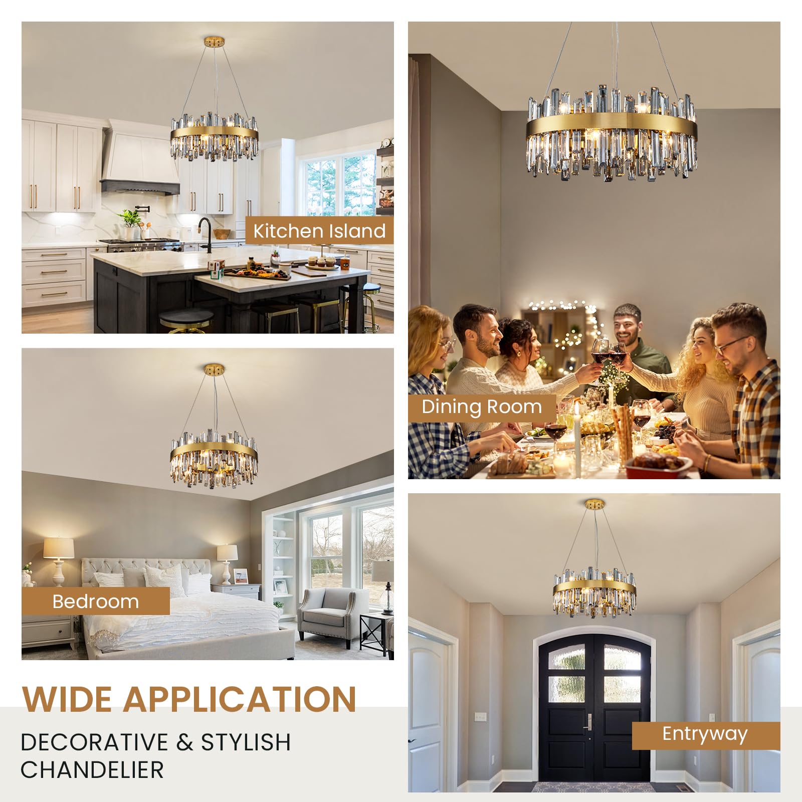 Siljoy Modern Crystal Chandelier, 12 Lights Brass Gold, Round D23.6'', Clear & Grey Crystal, Adjustable Pendant Light Fixture