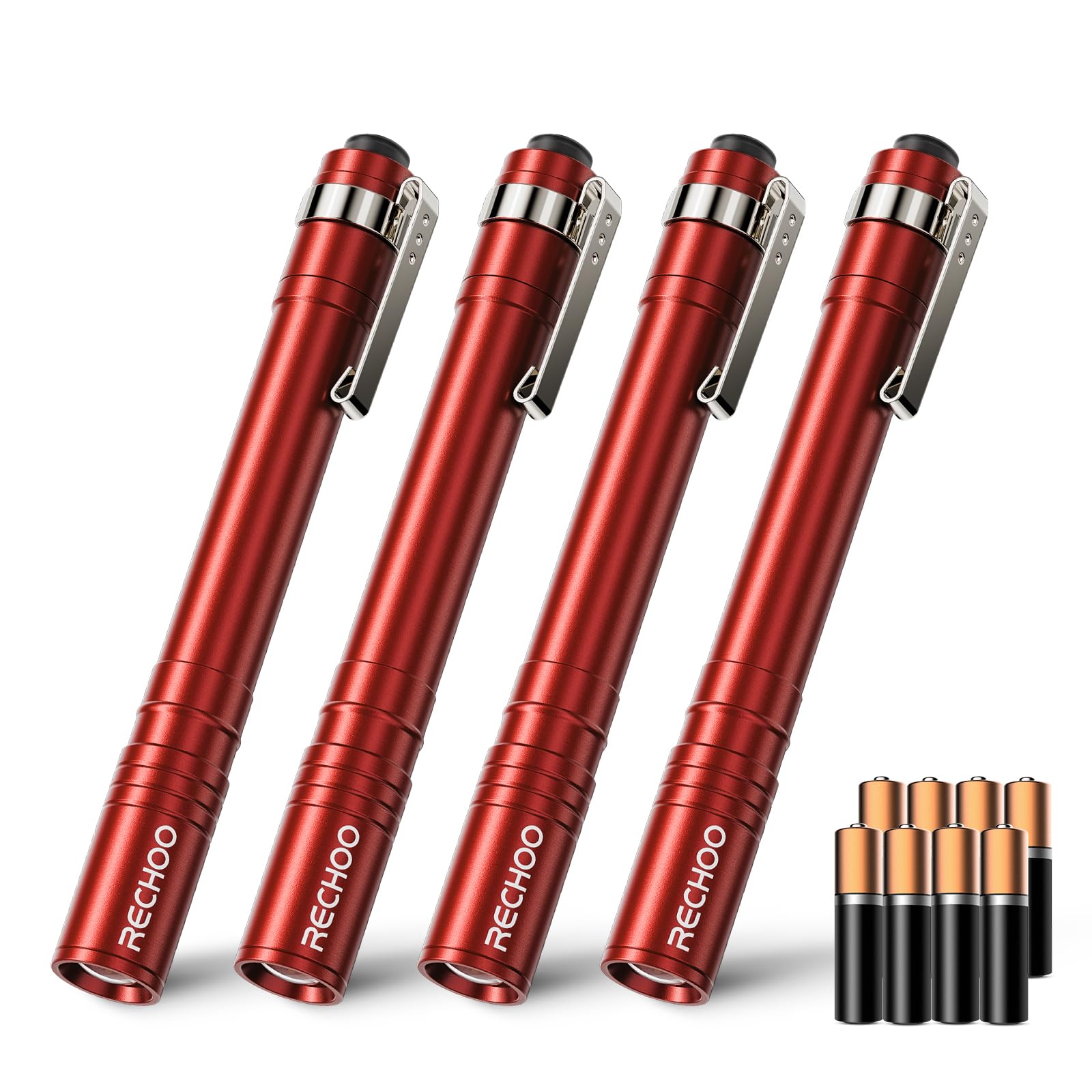 RECHOO LED Pen Light, Small Waterproof Flashlight, 4 Pack, Red, Aluminum, Model SFL005-Red