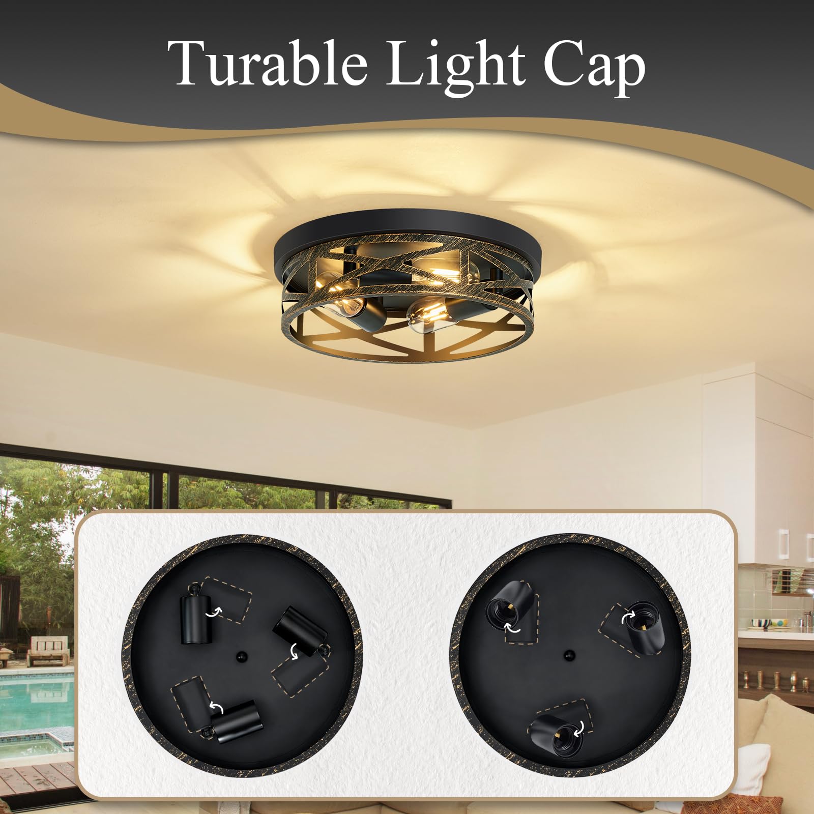 Skejao Flush Mount Ceiling Light Fixture,13 Inch Rustic Metal Black 3-Light Hallway Light Fixtures Ceiling,Vintage Light Fixture