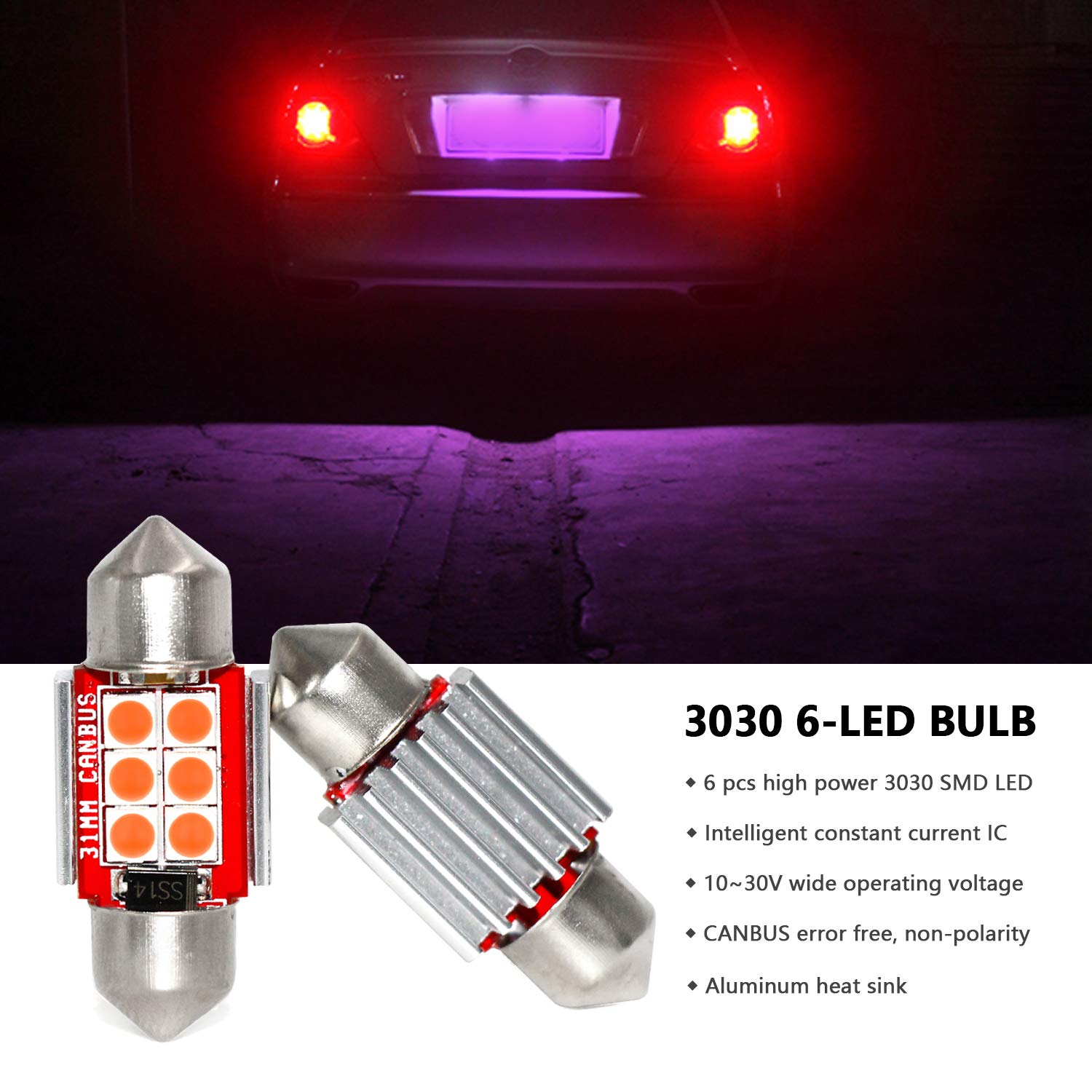 PHINLION 3030 6-SMD DE3175 LED Purple Bulb - 1.25 Festoon for Car Interior, Map, Dome, Trunk, Courtesy Light, Pack