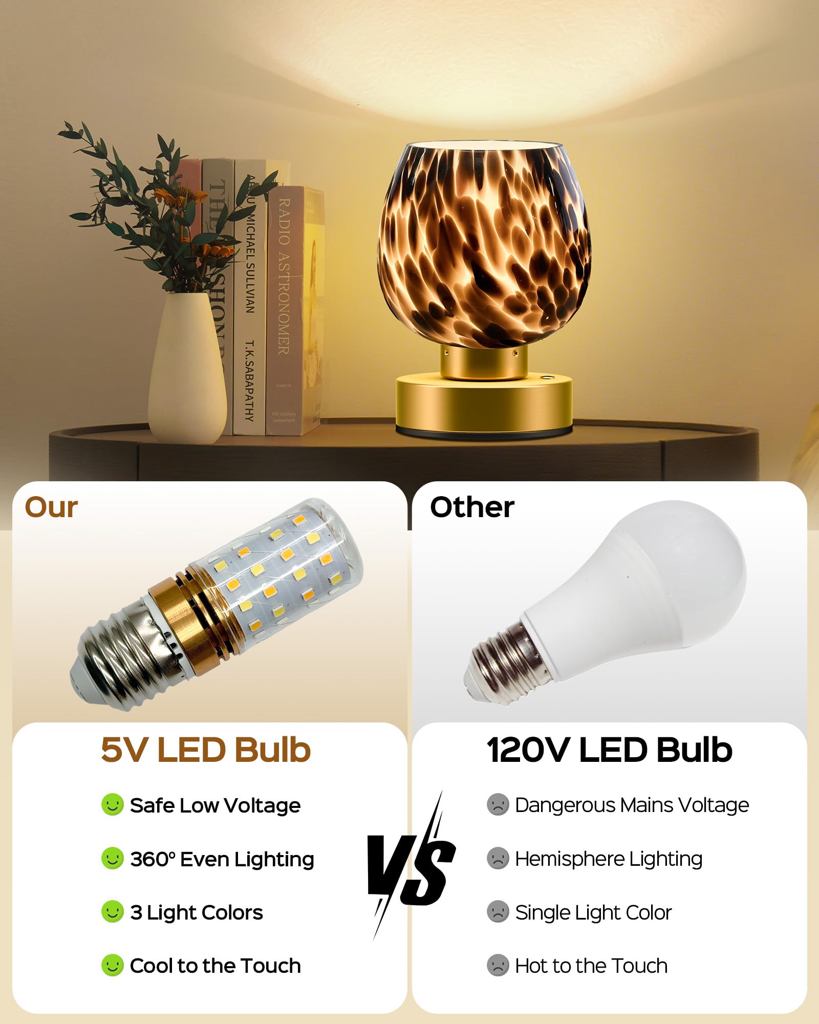 JACKYLED Cordless Touch Lamp - 3 Color Modes, Dimmable, Rechargeable, Metal, Brown, Model JKTL15-7003401AUS, Ideal for Small Spaces