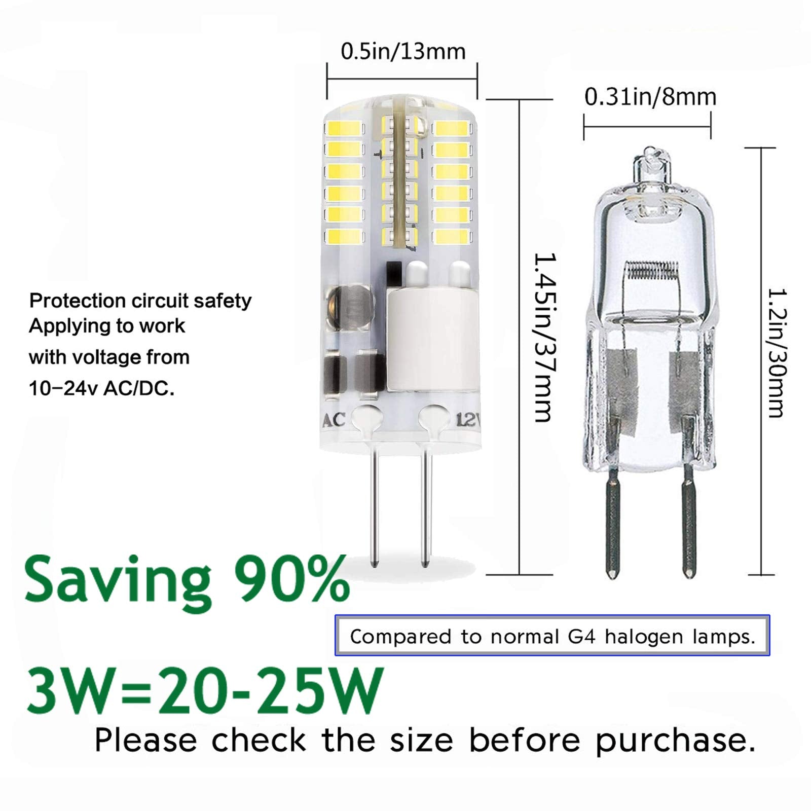 Dopkuss G4 3W Led Bulb, 30W T3 Halogen Bulb Equivalent, Ac/Dc 12V Daylight White 6000K, Non-Dimmable Bi-Pin Led Bulb For Home La