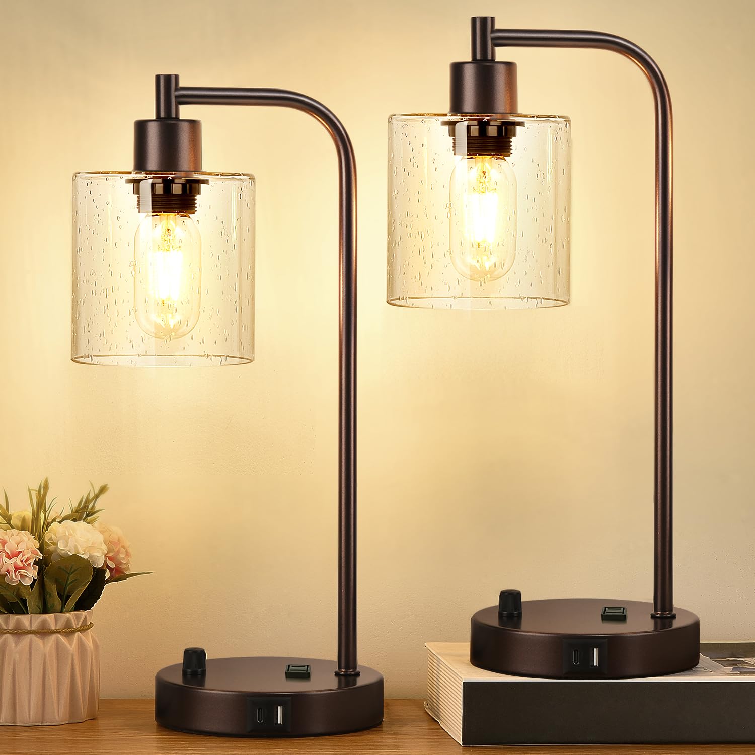 Set of 2 Oil Rubbed Bronze Table Lamps with 2 USB Port, Fully Stepless Dimmable Bedside Lamps for bedrooms, Industrial Nightstan