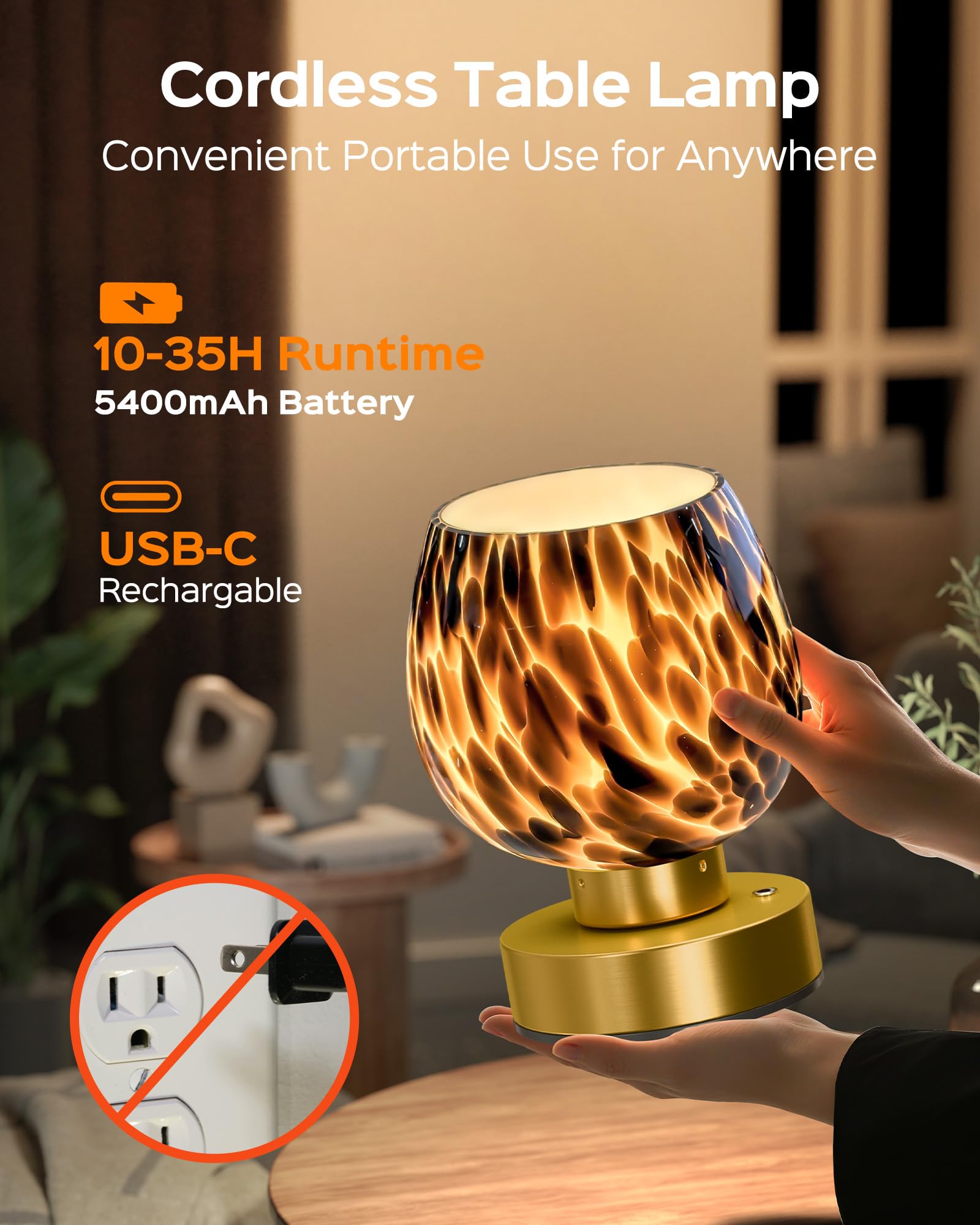 JACKYLED Cordless Touch Lamp - 3 Color Modes, Dimmable, Rechargeable, Metal, Brown, Model JKTL15-7003401AUS, Ideal for Small Spaces