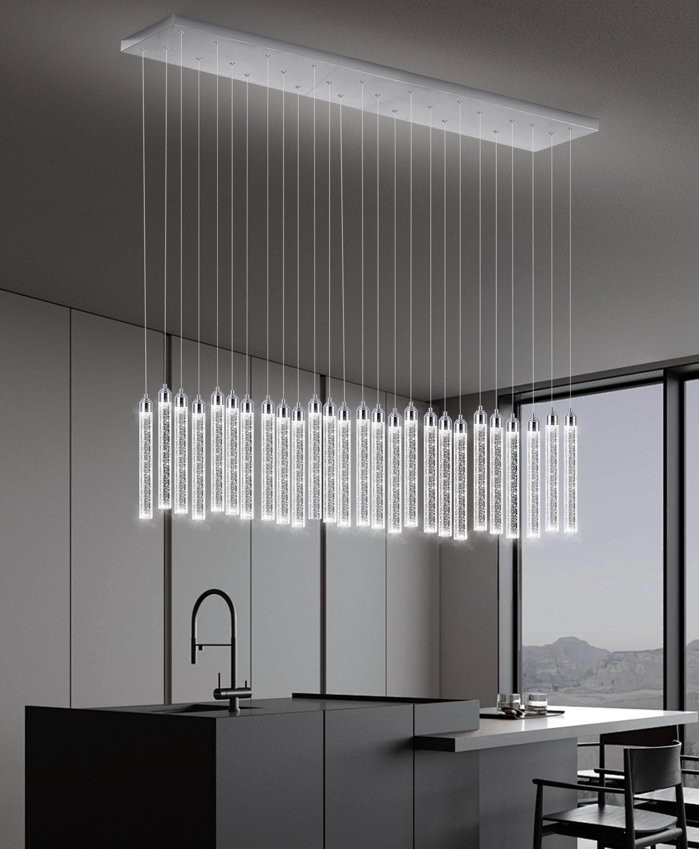 Dolria Rectangular 26-Light LED Dimmable Chandelier Fixture, Silver Metal for Entryway, Living Room, Foyer, Hallway, Model PC0008-CT-26Y