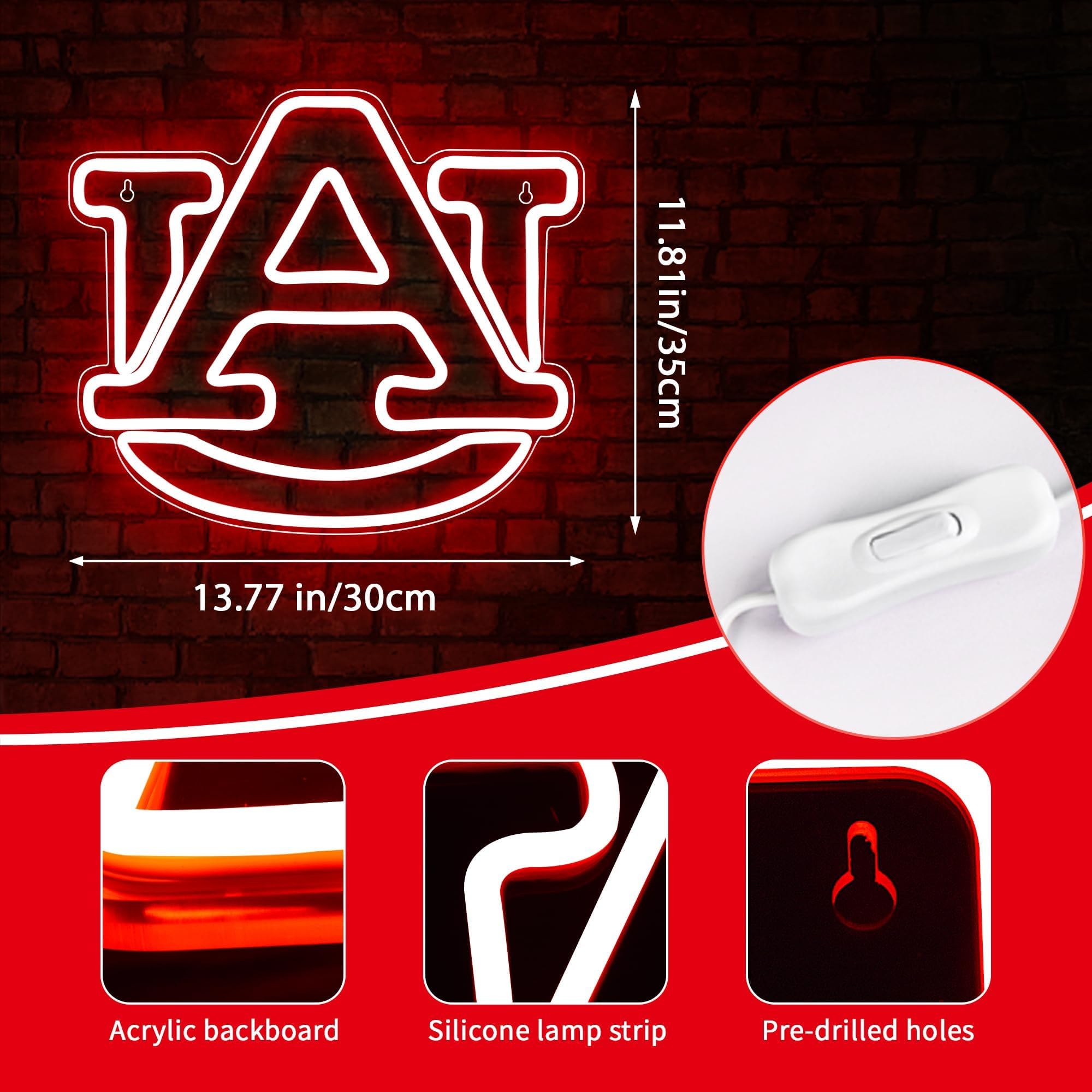 FTMGGDG University Neon Sign, Acrylic LED Basketball Team Logo, 13.77x11.81in, Auburn-Red, Model FMXD100