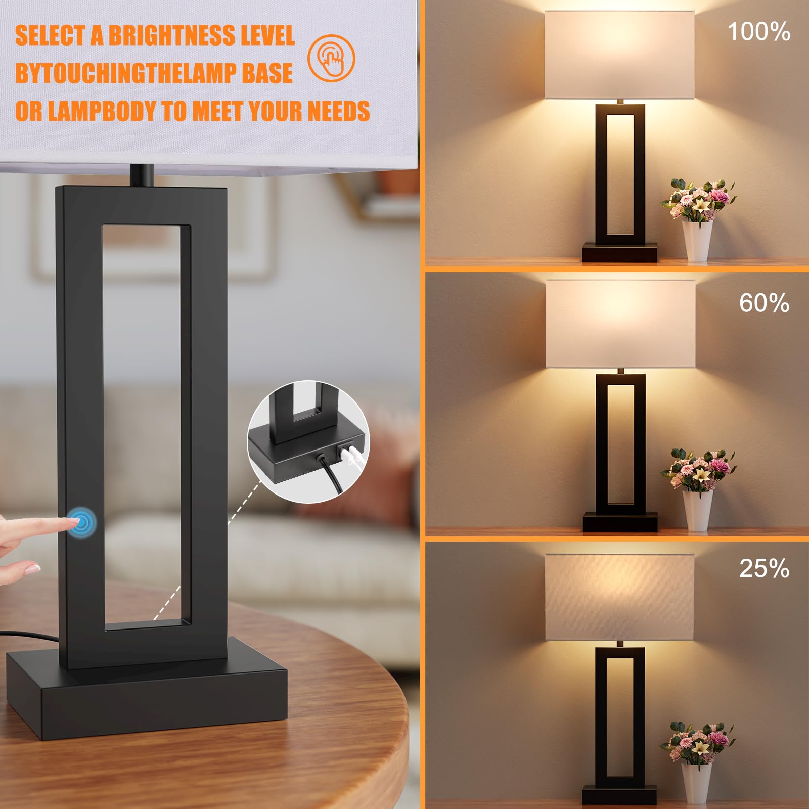Seealle 22in Tall Touch Bedside Lamps Set of 2 - USB C+A, 3 Way Dimmable, Metal, White & Black