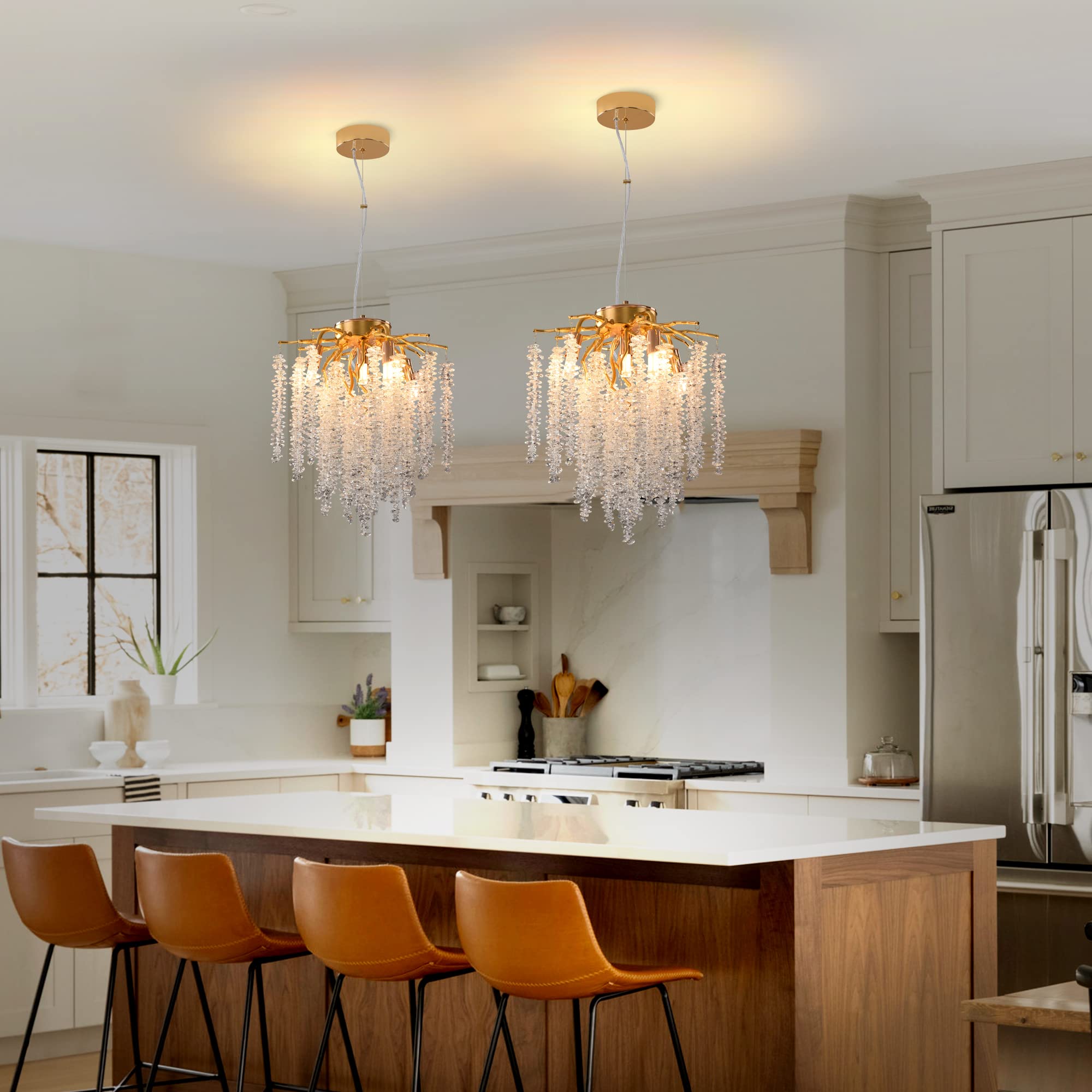 Upfelw Modern Tree Branch Chandelier, D11.8'' Gold Crystal Raindrop Indoor Hanging Pendant Light Fixture For Dining Room Kitchen