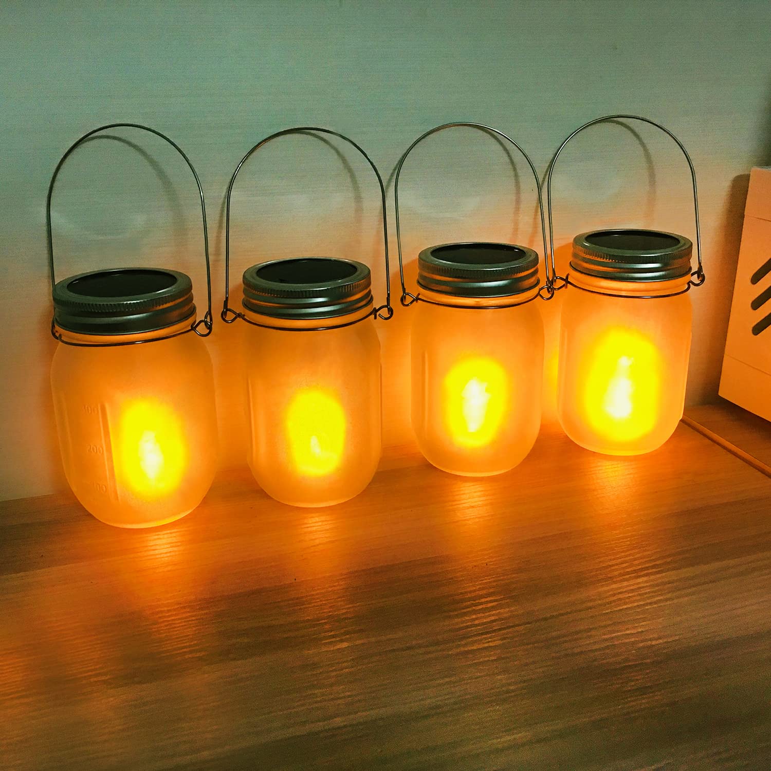 Aubasic Solar Mason Jar Flicker Lights, 4 Pack Metal Hanging Lanterns, Dusk to Dawn Auto On/Off, Outdoor Torch Decoration