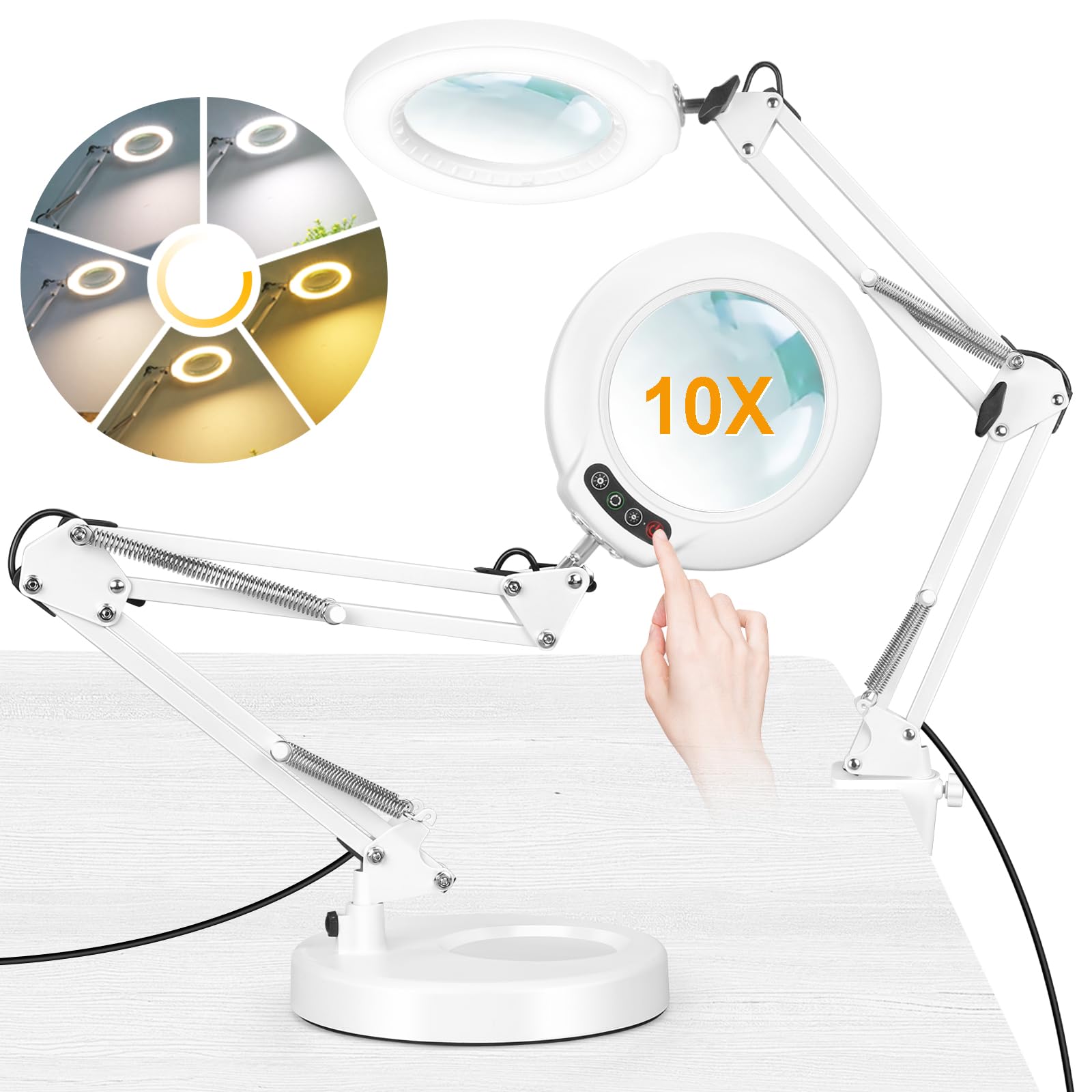 Ivmaie 10X Magnifying Glass With Light And Stand, 2-In-1 Lighted Magnifier With Clamp, 5 Color Modes Stepless Dimmable Led Desk Lamp Hands Free For Painting Craft Jewelry Sewing Close Work, White