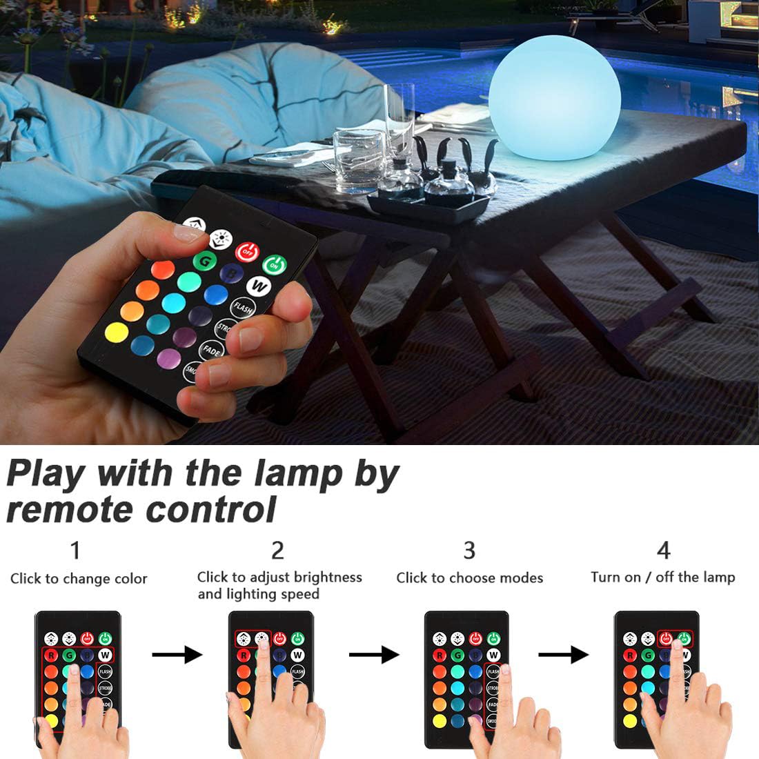 COPU Globe Floor Lamp - 14-Inch LED Ball Light, RGB Color Changing, Dimmable, Waterproof, Rechargeable, White