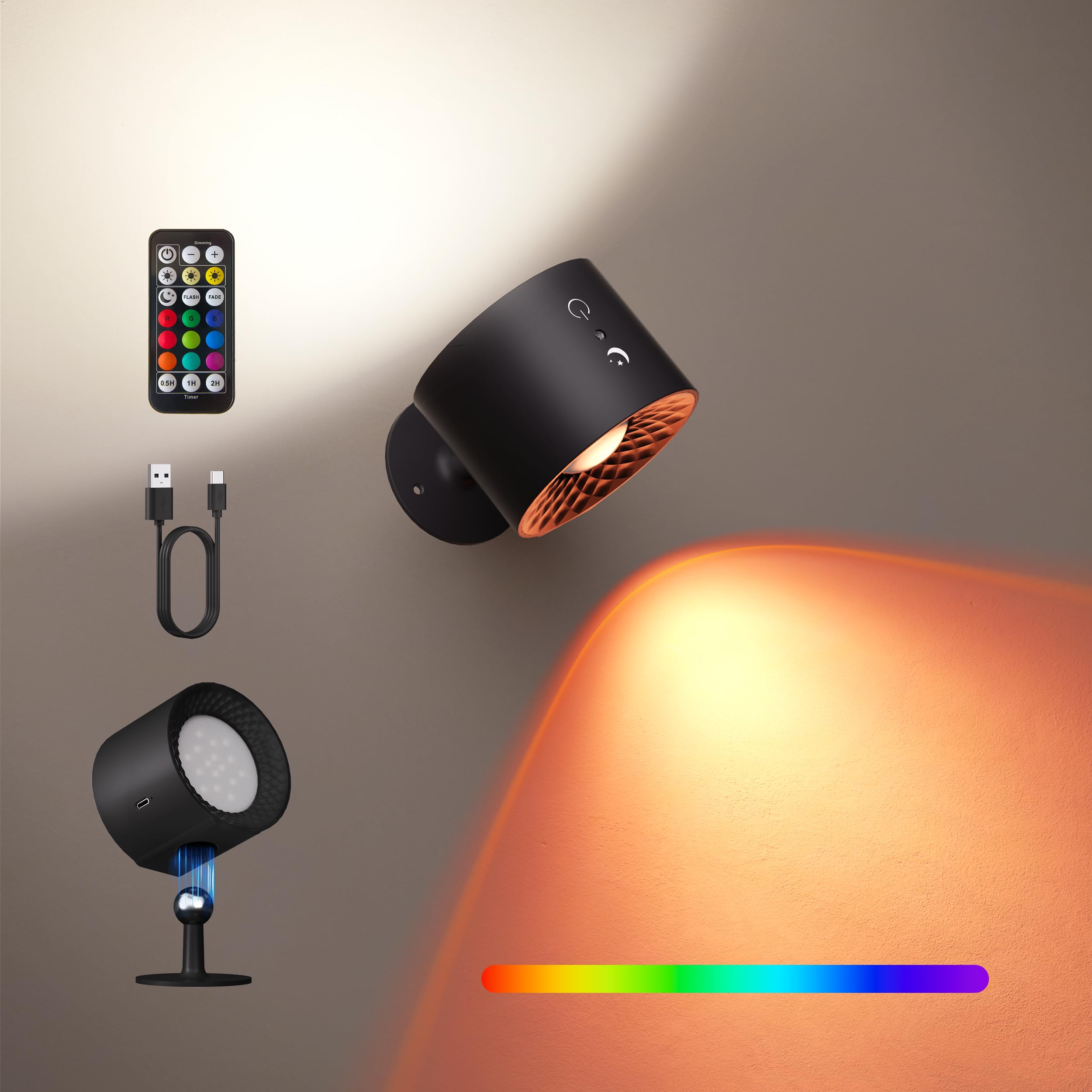 Joyzy Wall Light - Rechargeable RGB LED, Remote Touch Control, 1 Pack, Black/RGB, Model WL001