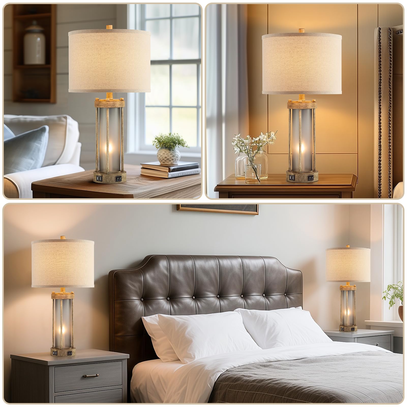 Farmhouse Table Lamps Set Of 2 For Living Room, Vintage Bedroom Nightstand Lamp With Dual Usb Ports, Bedside Lamp With Frosted G