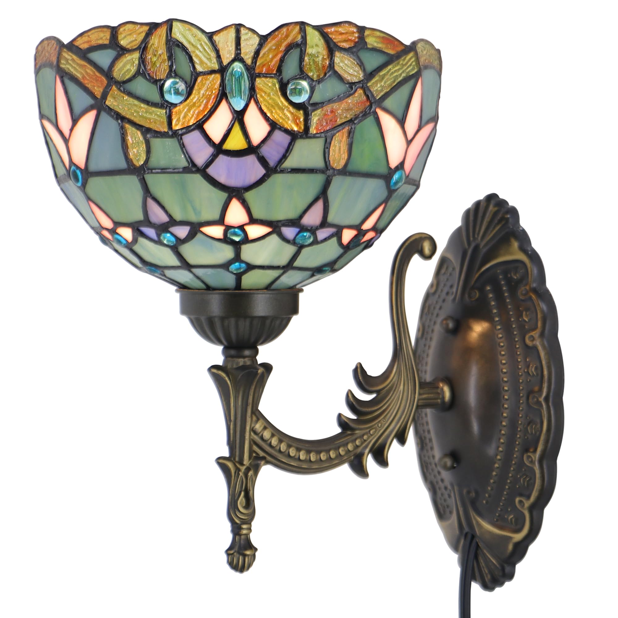 HZYFFYU Tiffany Wall Sconce Lamp Plug in with 8 inch Stained Glass Lampshade 8X10.5X11 Inch Stained Glass Wall Lamp (Baroque Sty