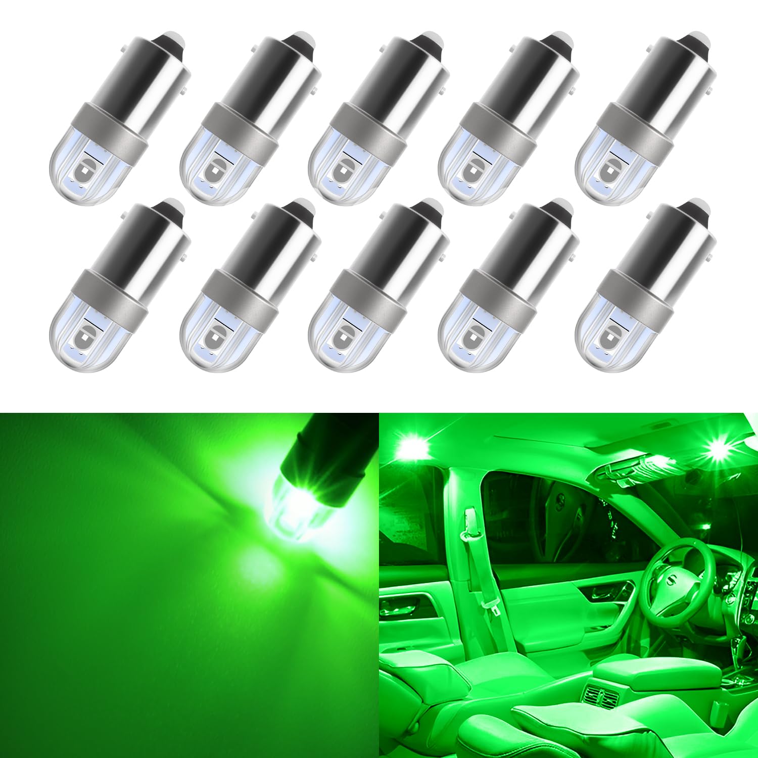 AUXLIGHT BA9S BA9 1895 1891 53 57 64111 3893 47830 Error Free LED Bulb, Super Bright 3030-SMD Interior Car Bulbs Replacemet for Dome Map License Plate Glove Box Lights (Green, Pack of 10)