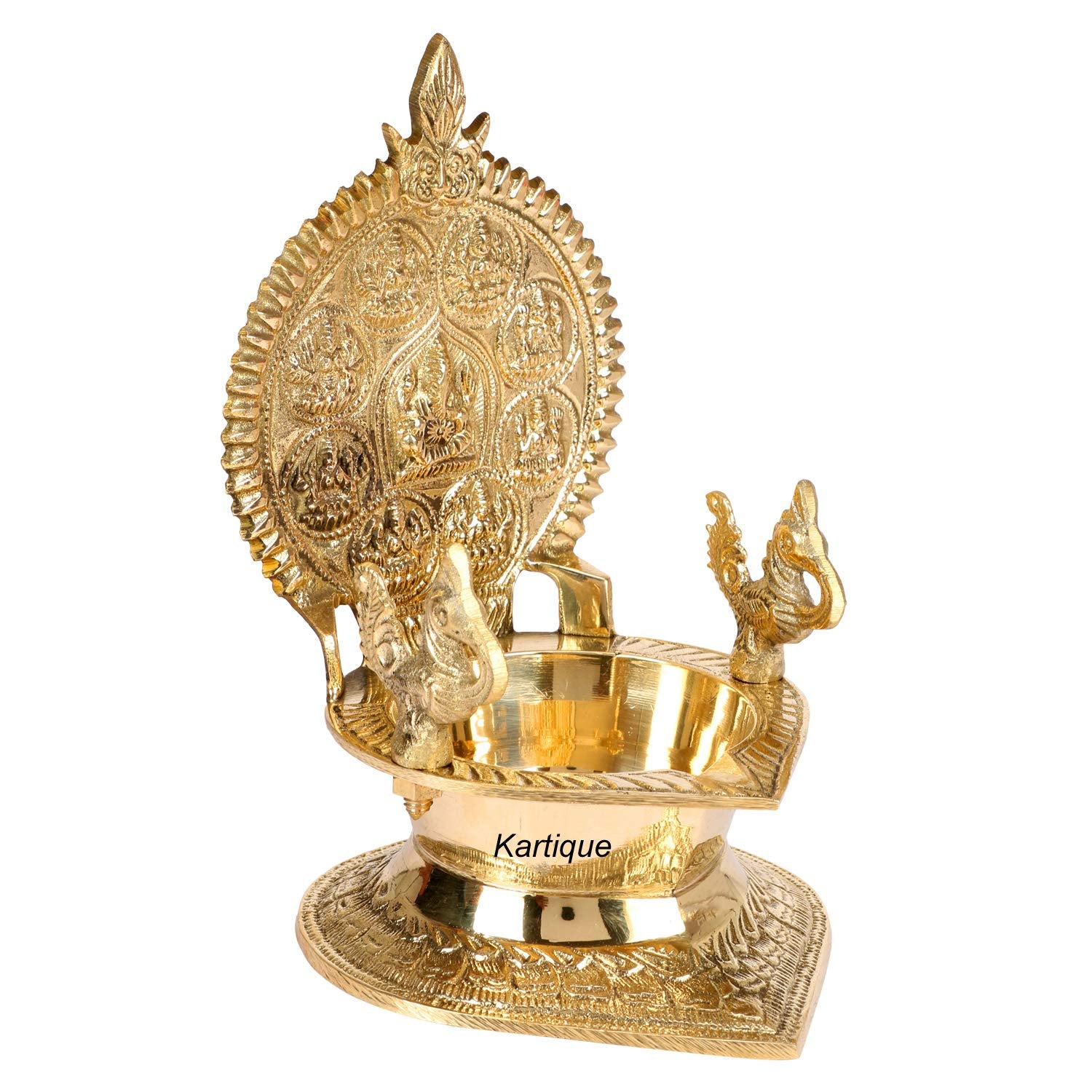 Kartique Brass Ganesh Diya with Intricate Carvings of Laxmi ji- 7 Inch Height, Antique Gold Finish Oil Lamp for Home Dcor, Pooja