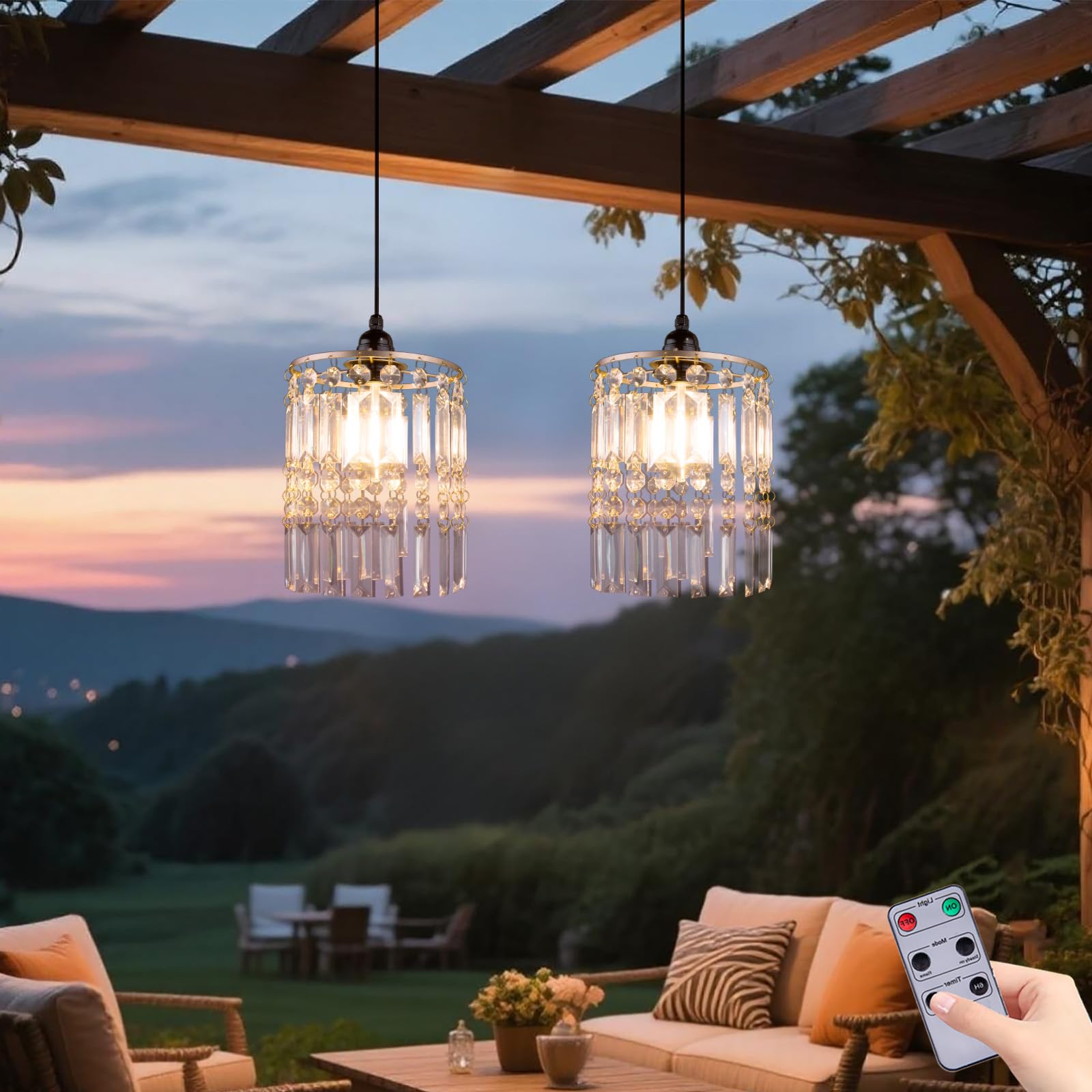 TWINKVILLA Battery Operated Chandelier  2Pack Hanging Gazebo Lights  Acrylic Crystal Beaded Pendant Lights Outdoor Waterproof for Patio Tree Pergola Porch and Indoor Decor (2)