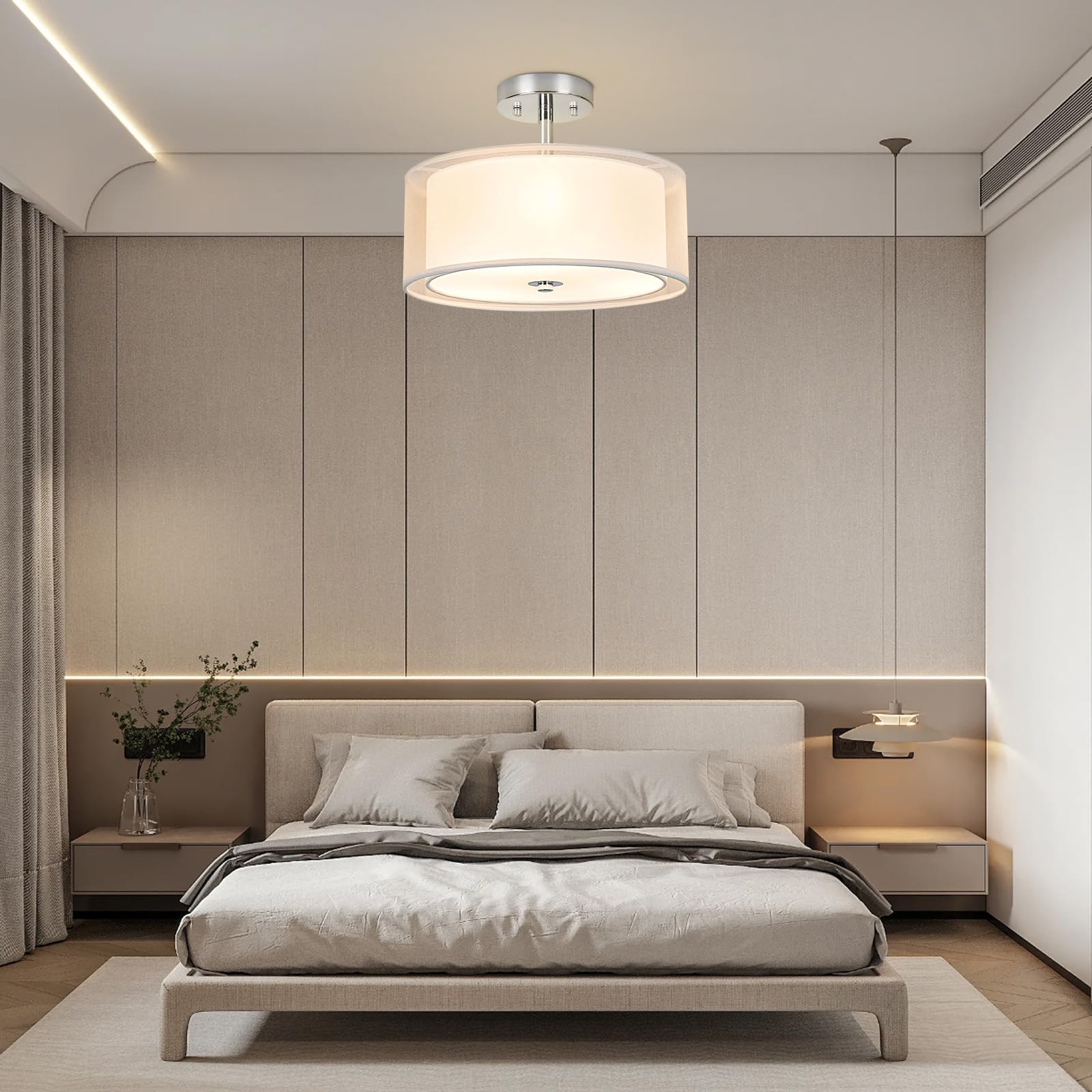 Ceiling Light, 3-Light Ceiling Light Fixture, Semi Flush Mount Ceiling Light, Light Fixtures Ceiling Mount With Double Fabric Shade, Bedroom Lights For Ceiling,White Ceiling Light Fixtures For Bedroom