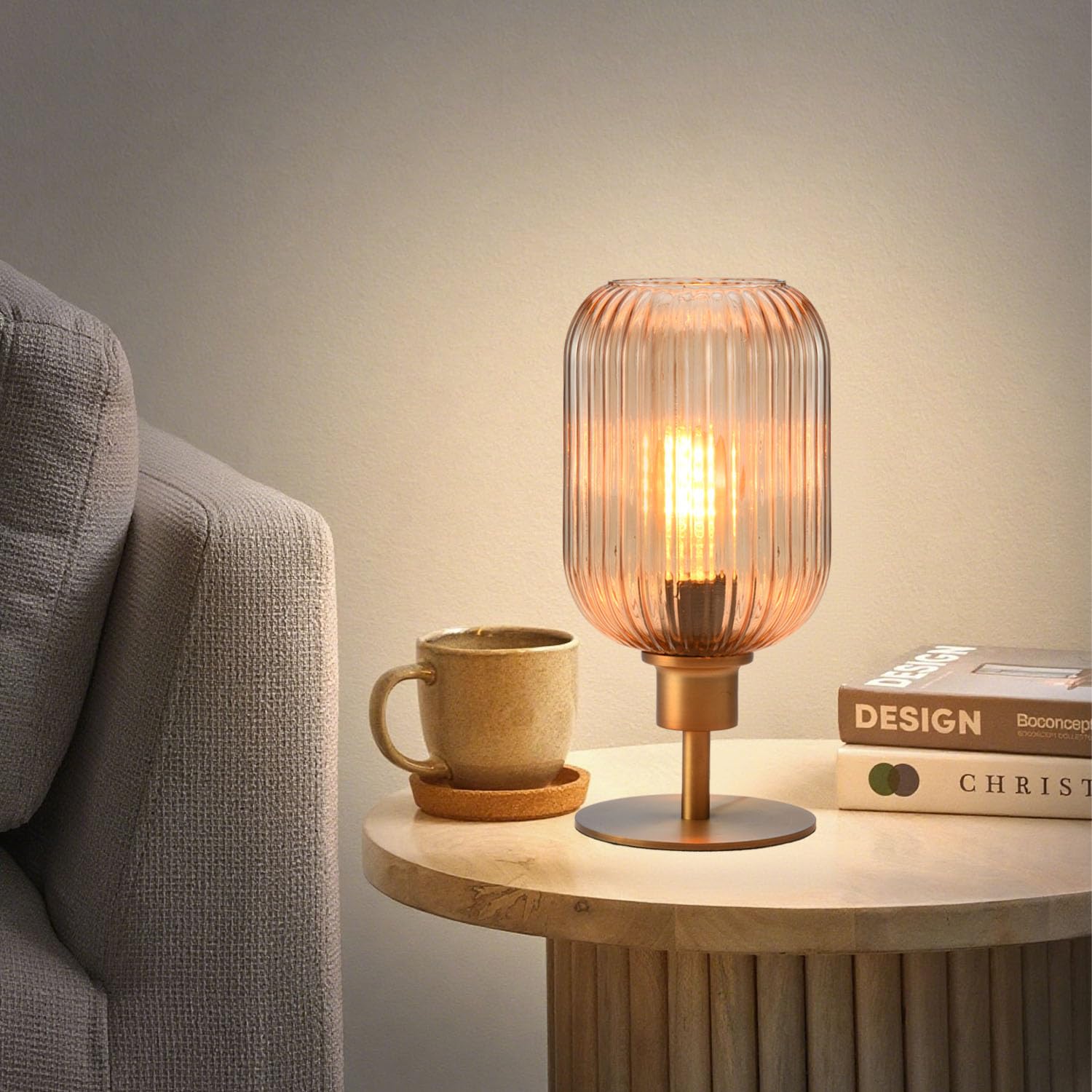 MAINDECO Mid Century Glass Table Lamp,Dimmable Desk Lamp,LED Bulb Included,Timer Build-in,Cognac Amber Ribbed Glass