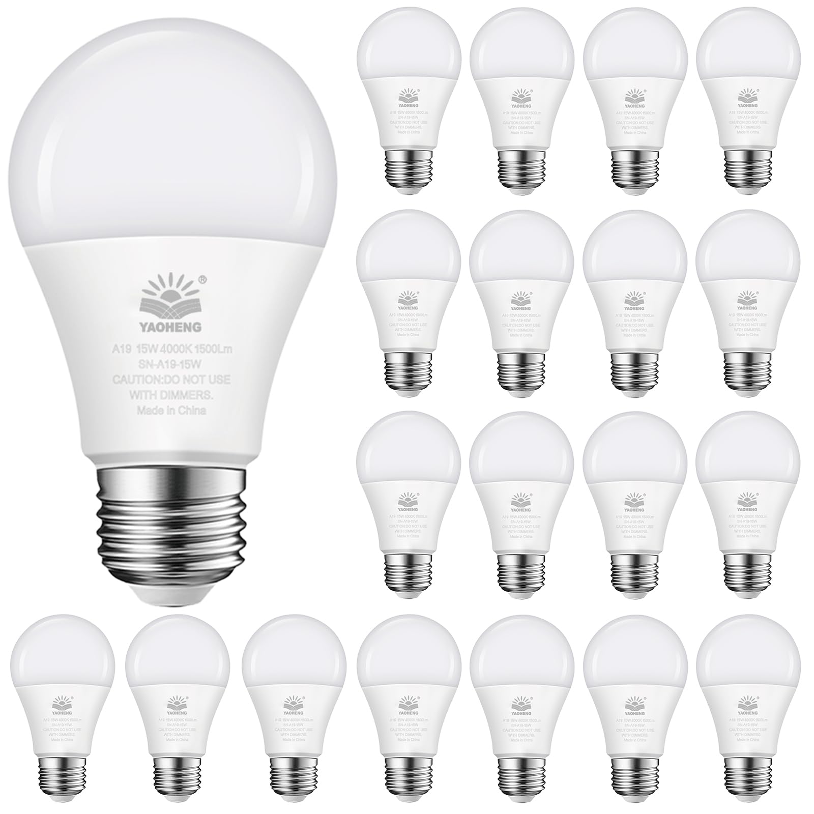 Yaoheng A19 Led Light Bulb, 100 Watt Equivalent Led Bulbs, 4000K Neutral White, 1500 Lumens, Standard E26 Base, Non-Dimmable, 15