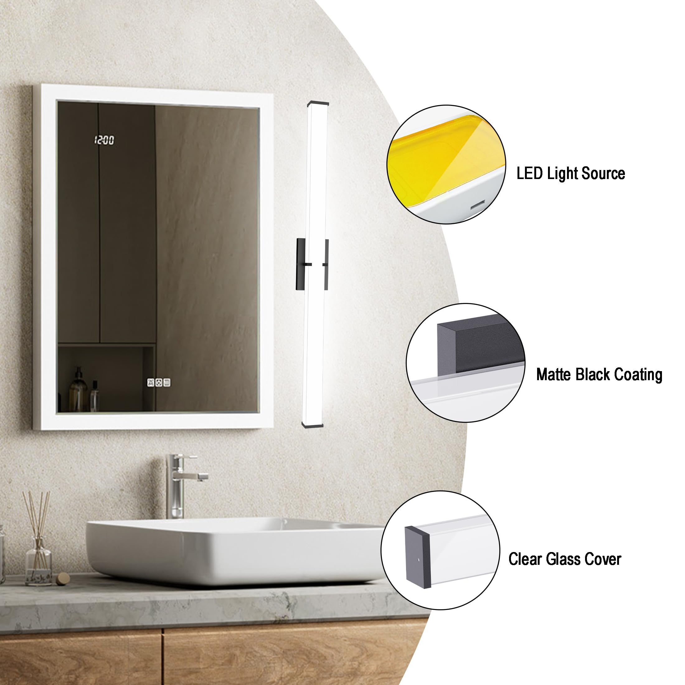 Bathroom Light Fixtures: 31.5Inch Etl Certified Bathroom Vanity Light 5000K Cool White 36W 2500Lm - Modern Black Led Vanity Light Elegant Clear Shade  Bathroom Lighting Fixtures Over Mirror Dimmable