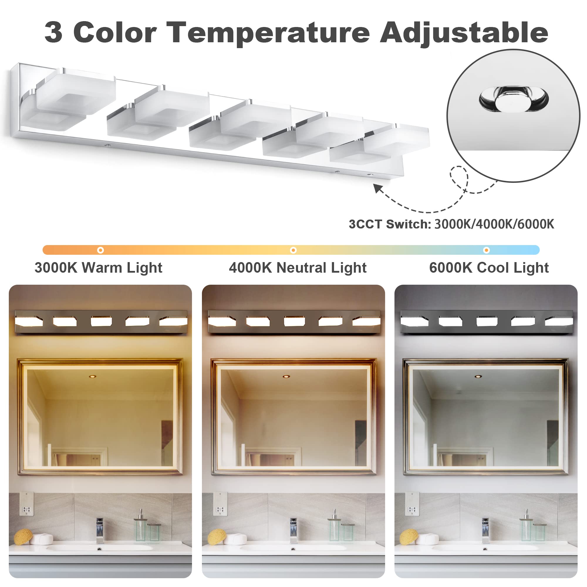 Goodate Chrome Dimmable Led Bathroom Vanity Light 5 Lights, Adjustable 3000K/4000K/6000K