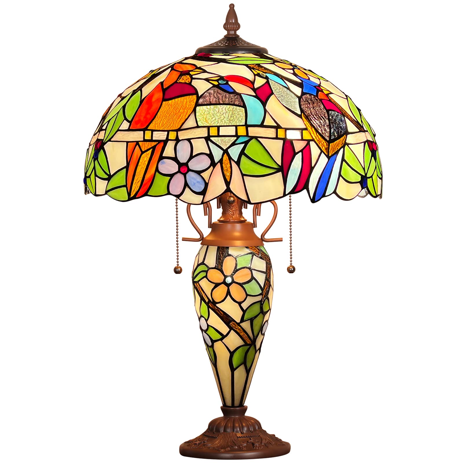 Capulina Tiffany Table Lamp 16X16X24 Inches Cardinal Birds Style Stained Glass Mother-Daughter Vase Style Desk Reading Light Decor For Home Office Bedroom Living Room