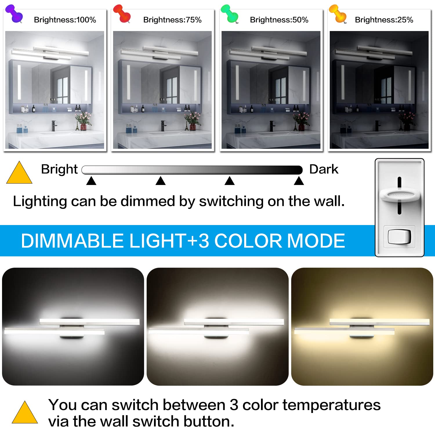 Presde Bathroom Vanity Light Dimmable 3 Colors Changeable 32In Modern Brushed Nickel Led Bathroom Light Fixtures Over Mirror Bat
